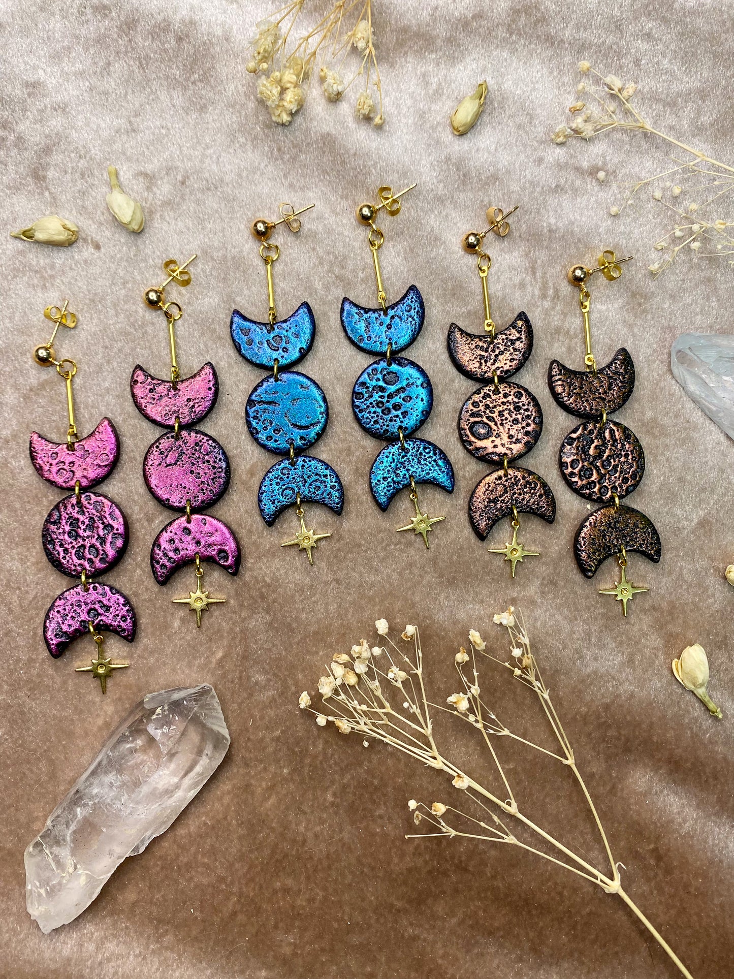 polymer clay color shift cratered moon phase dangle earrings