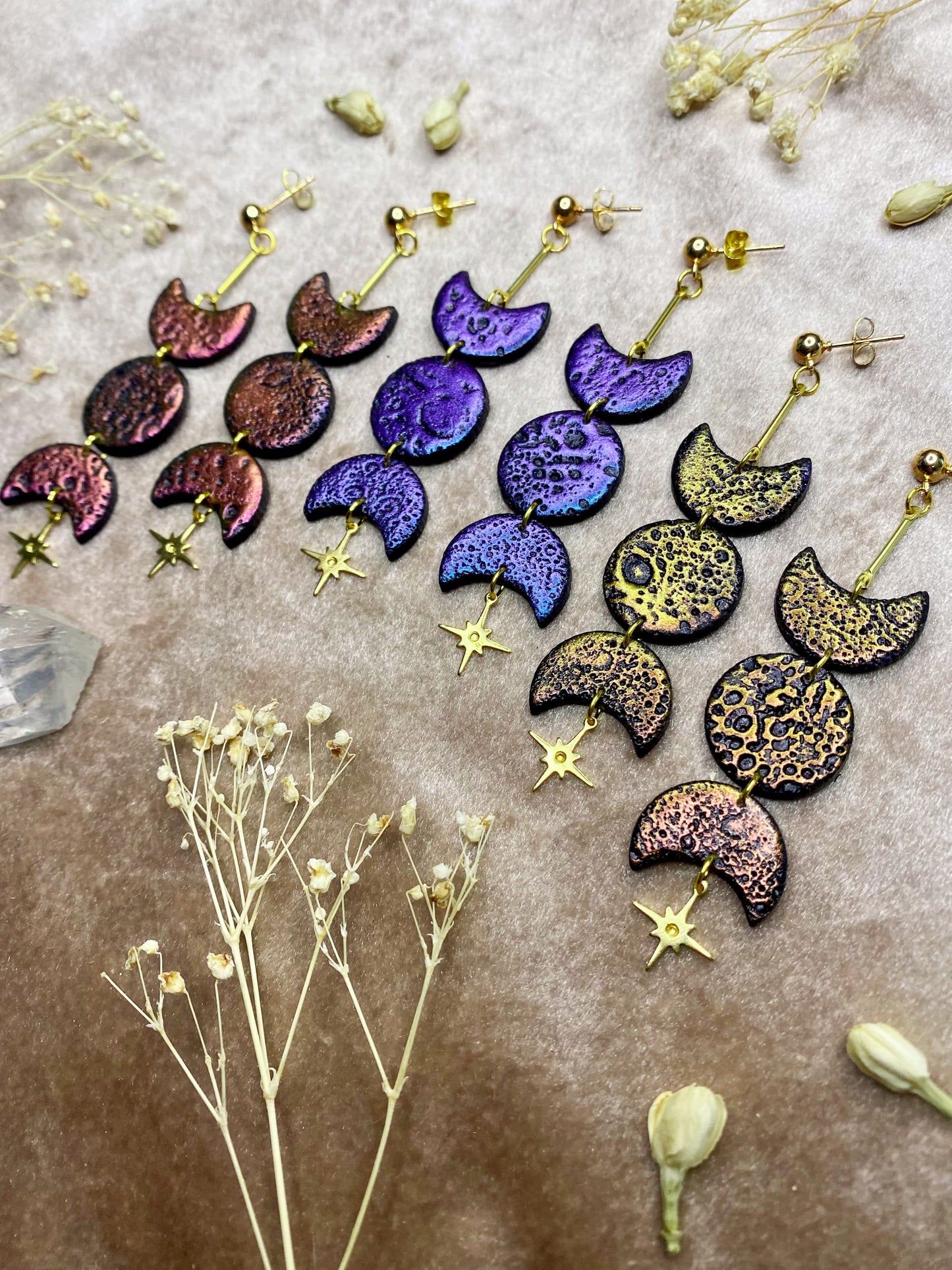Color Shift Cratered Moon Phase Earrings