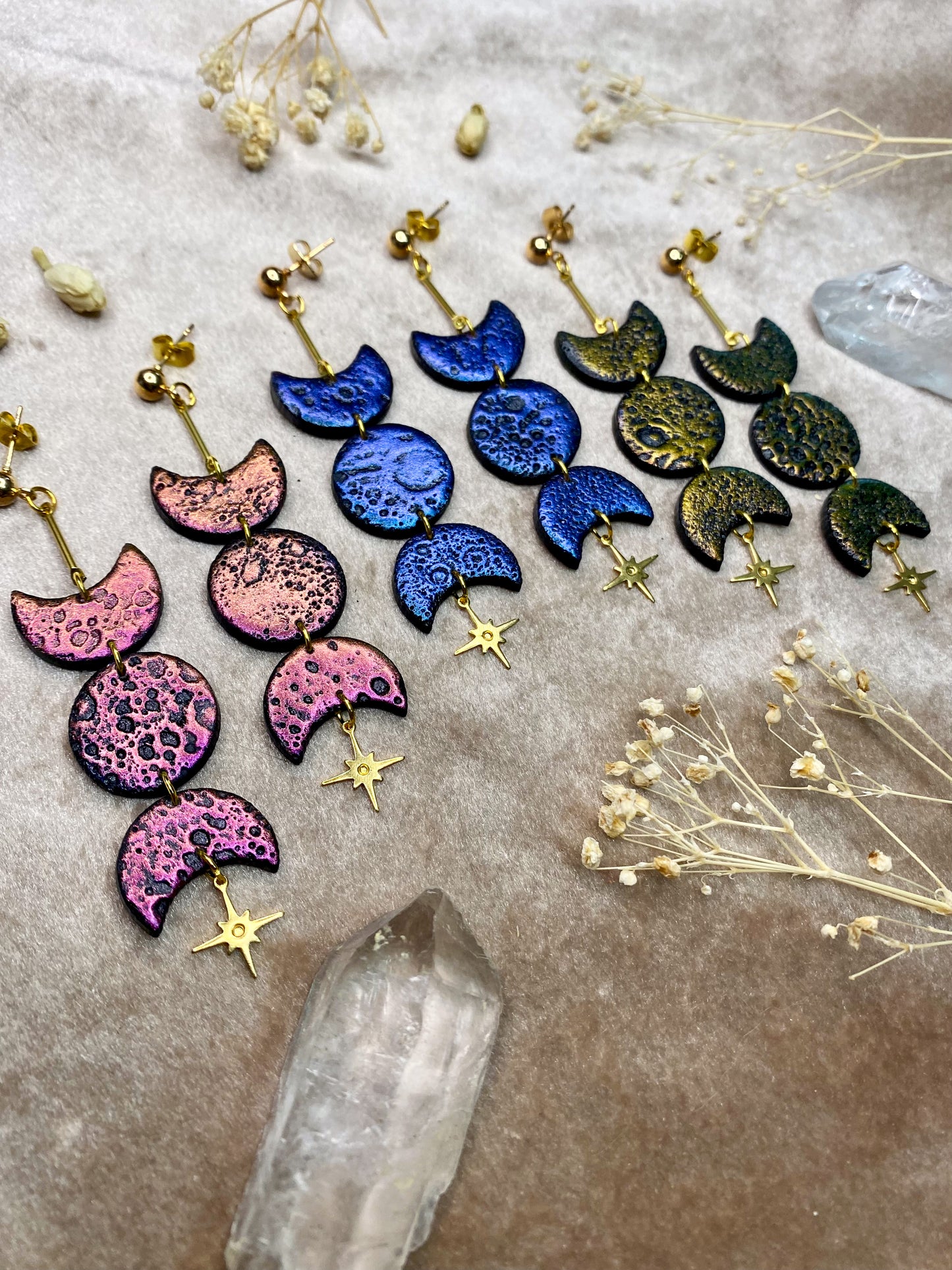 Color Shift Cratered Moon Phase Earrings