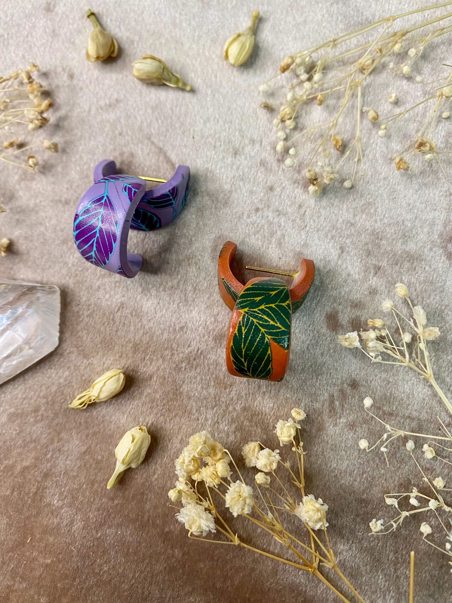 polymer clay boho leaf huggie hoop earrings