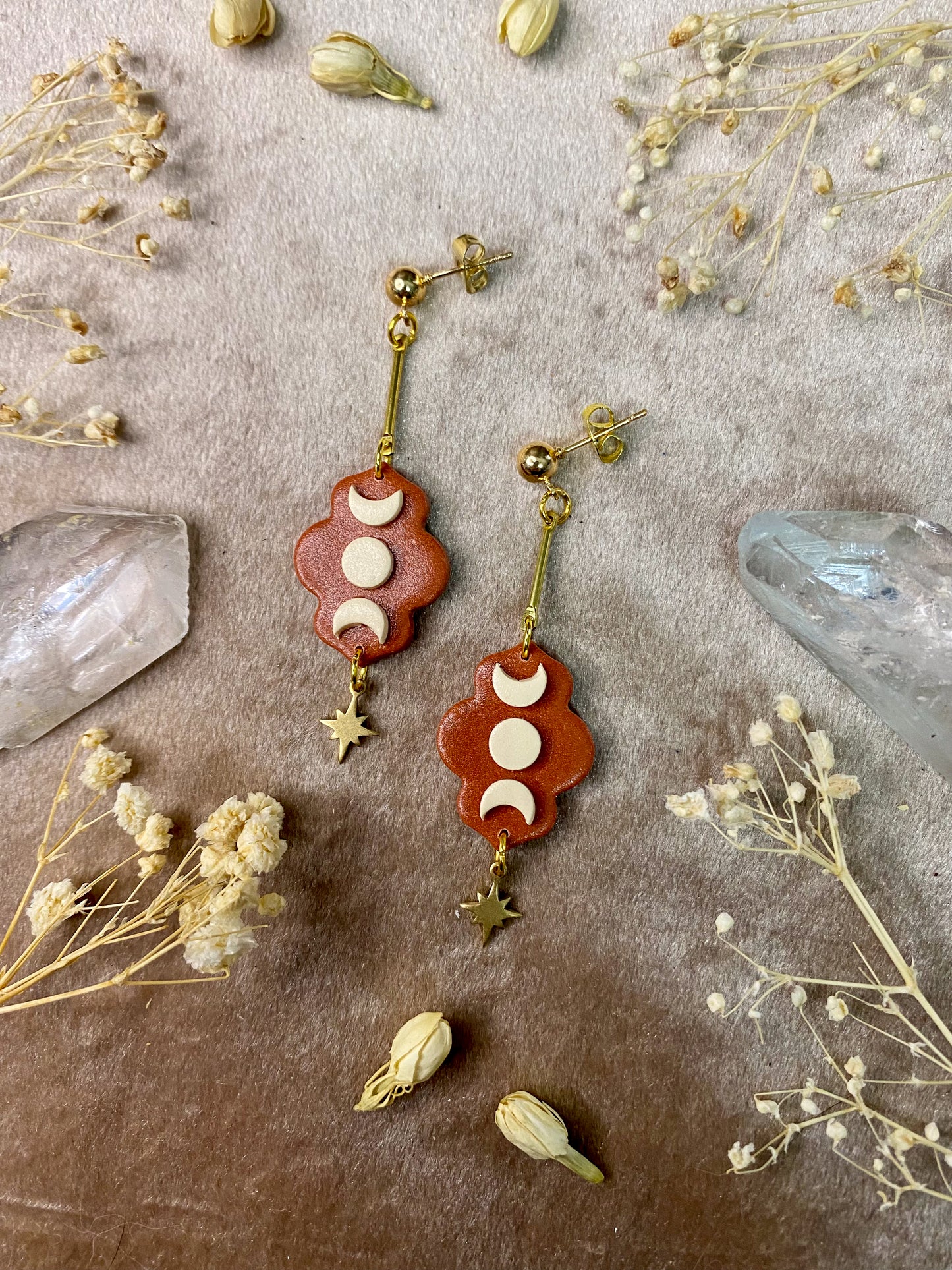 polymer clay moroccan moon phase dangle earrings