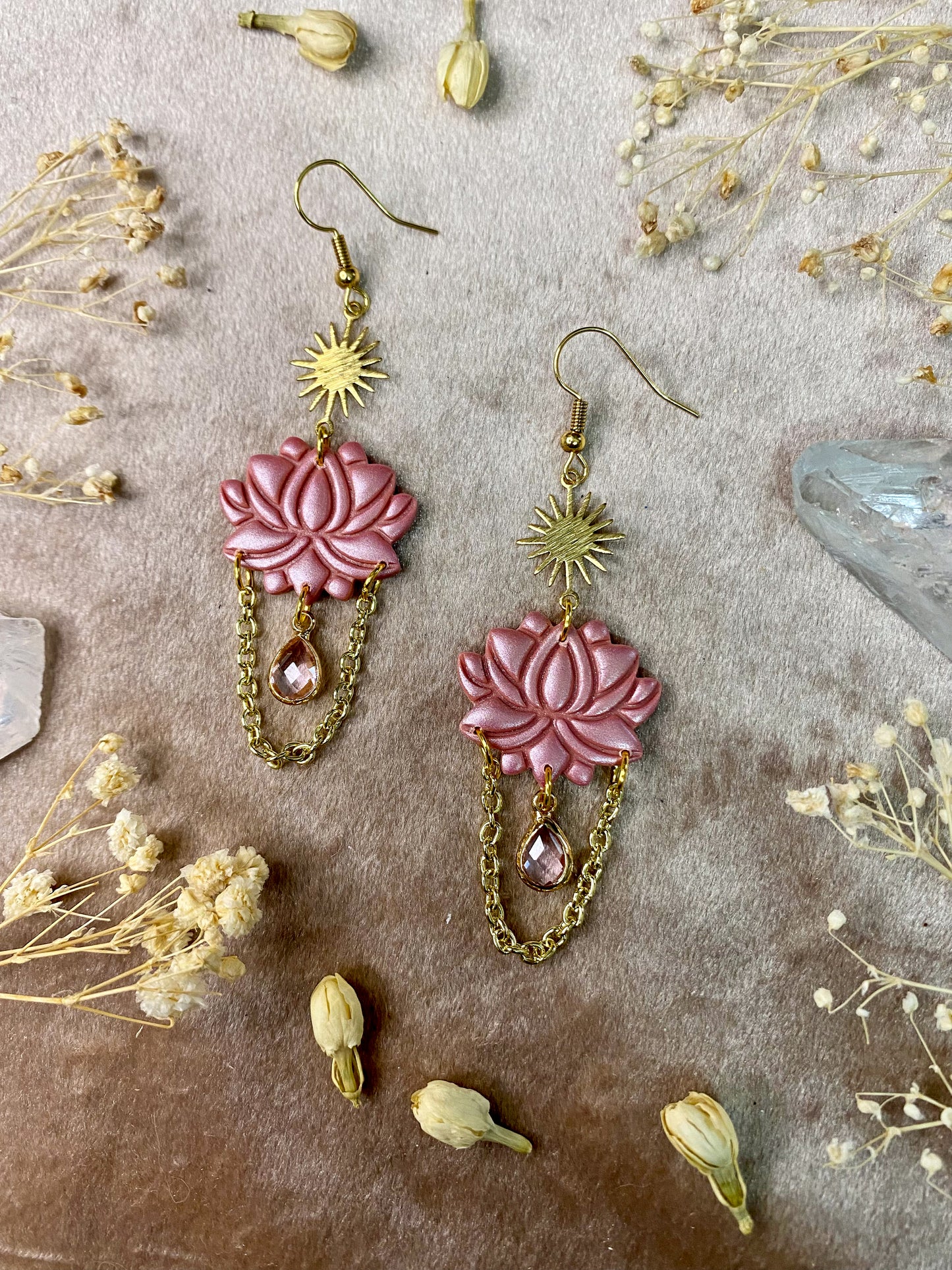 polymer clay pink lotus flower dangle earrings