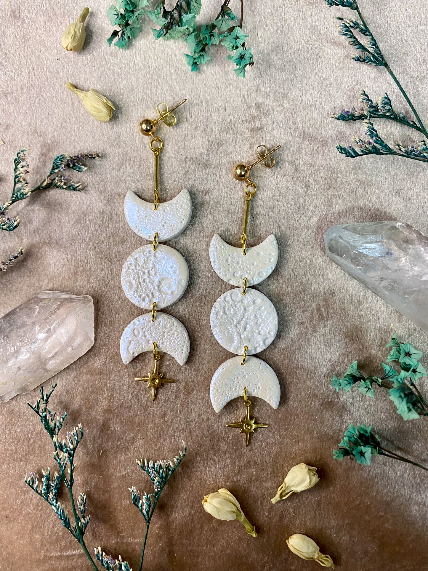 polymer clay iridescent opalescent cratered moon phase dangle earrings