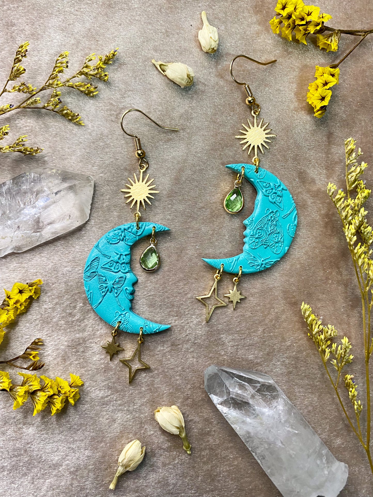 polymer clay teal moth and moon dangle earrings