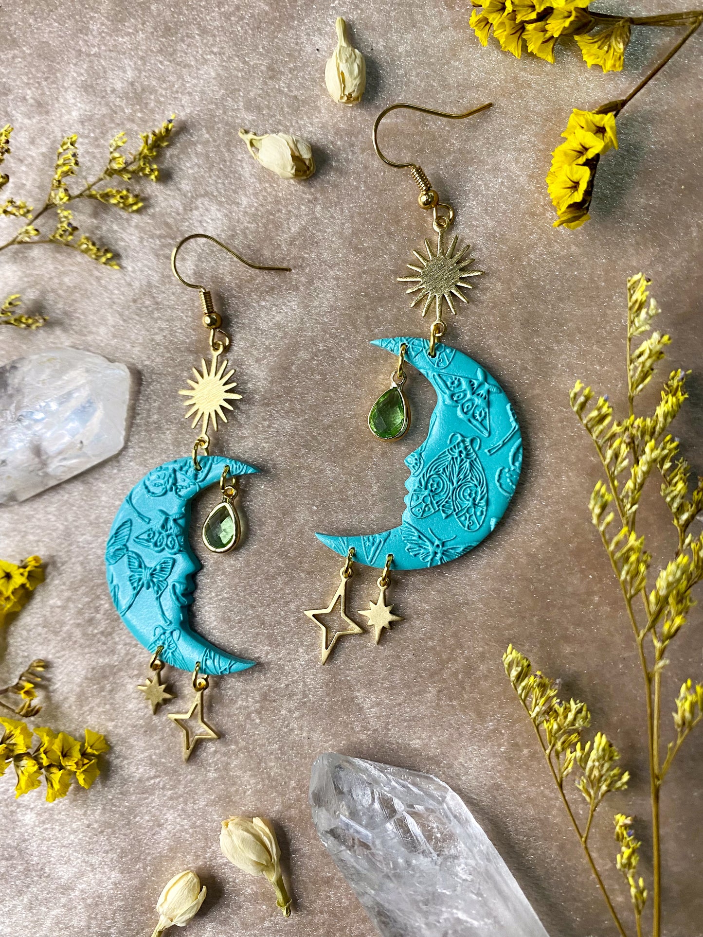 Teal Moth Moon Earrings