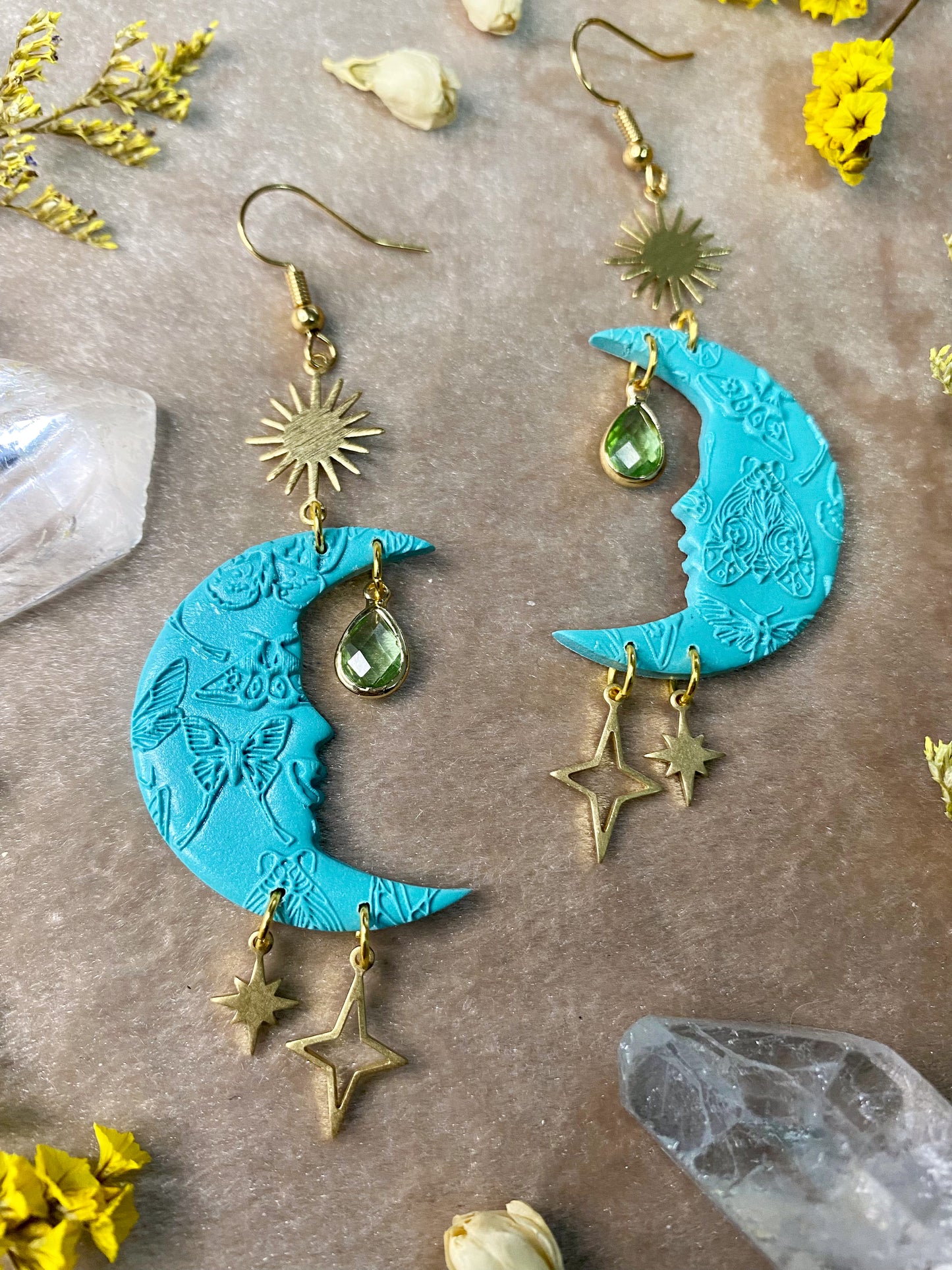 Teal Moth Moon Earrings
