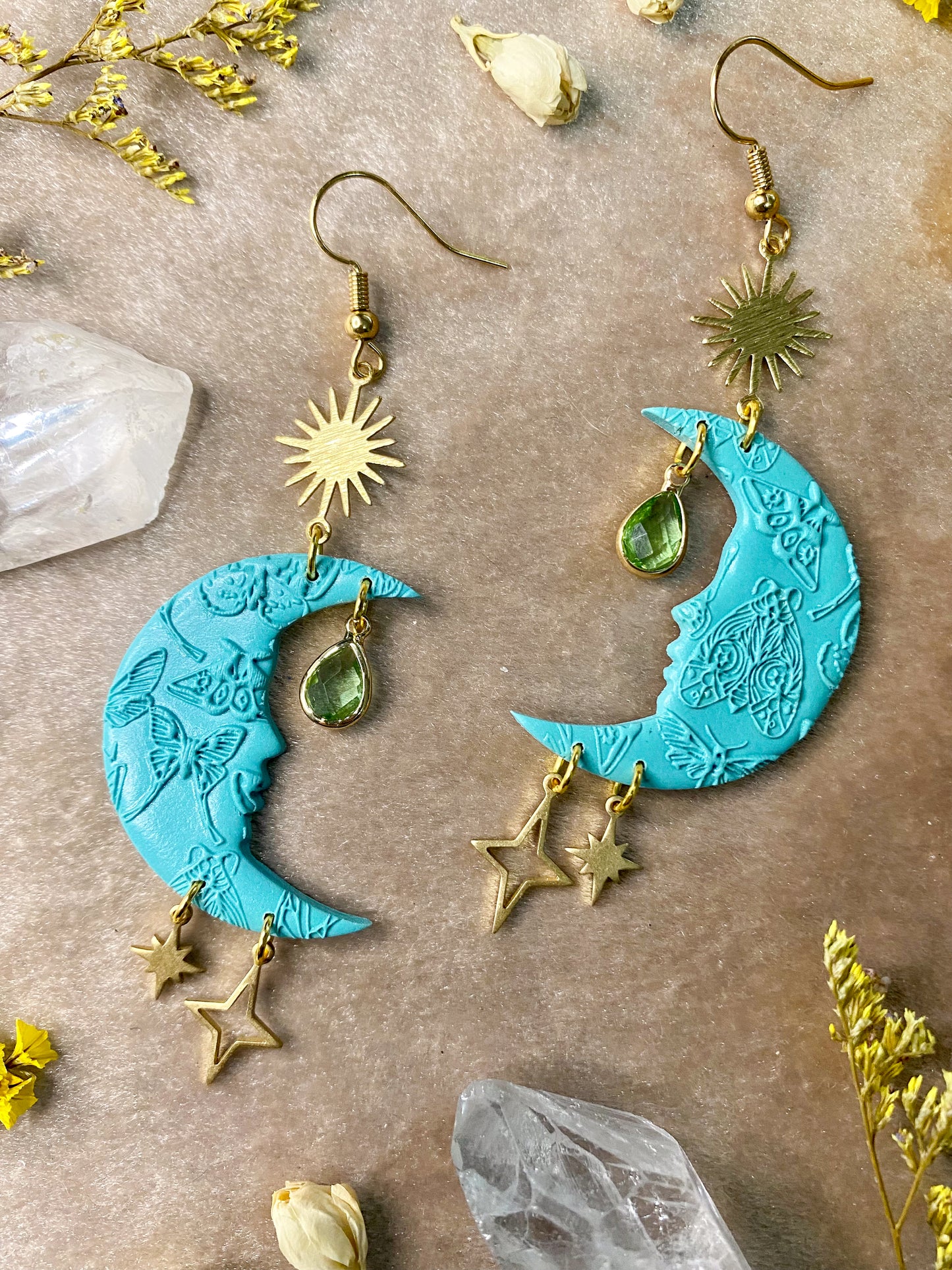 Teal Moth Moon Earrings
