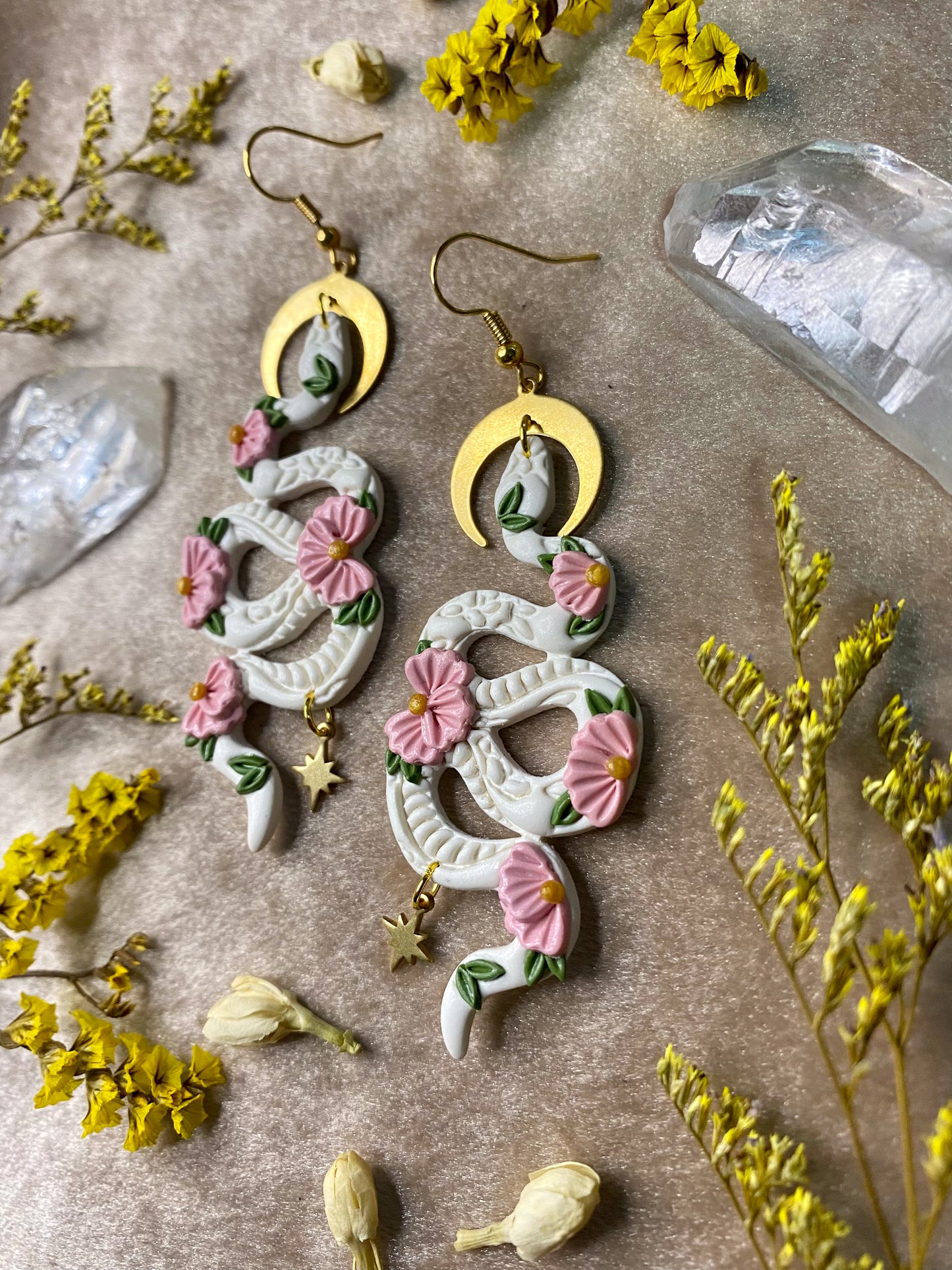 White and Pink Floral Snake Earrings