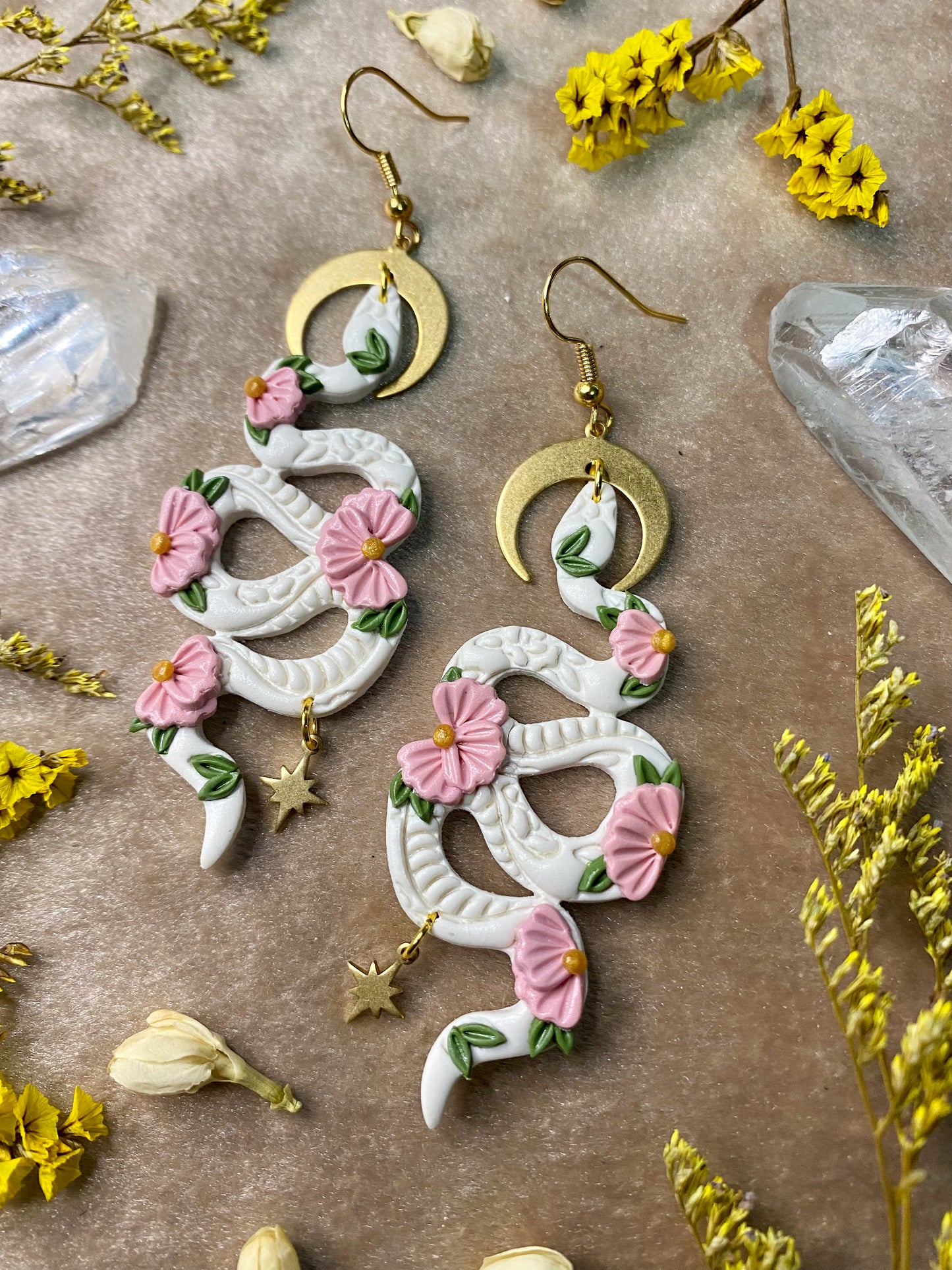 White and Pink Floral Snake Earrings