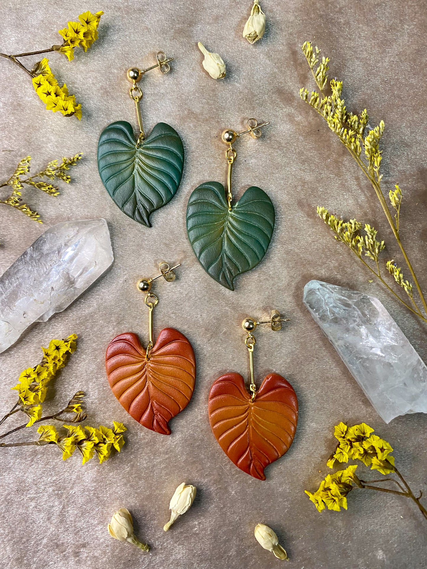 polymer clay boho leaf dangle earrings
