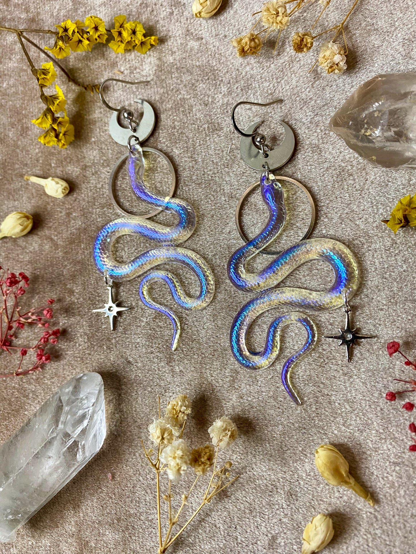 Silver Translucent Blue Violet Ess Snake Earrings