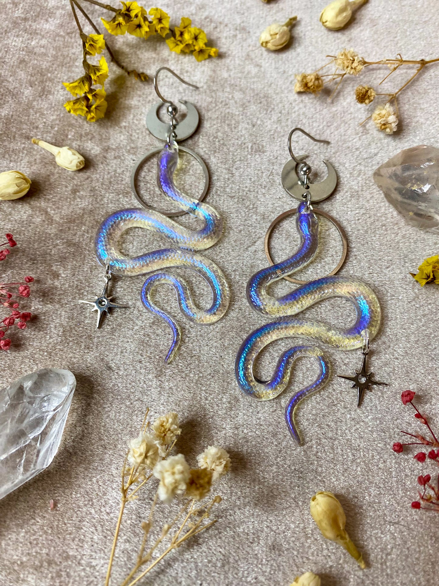 Silver Translucent Blue Violet Ess Snake Earrings