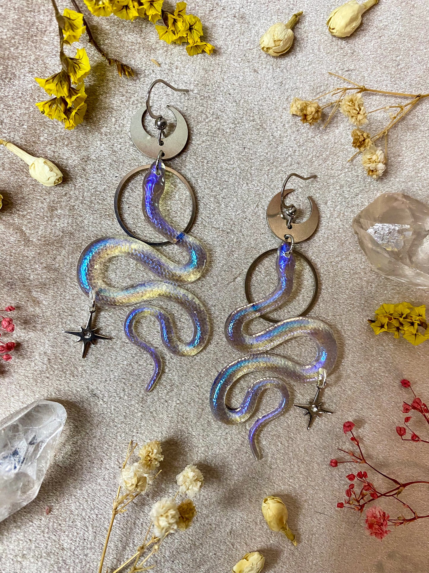 Silver Translucent Blue Violet Ess Snake Earrings