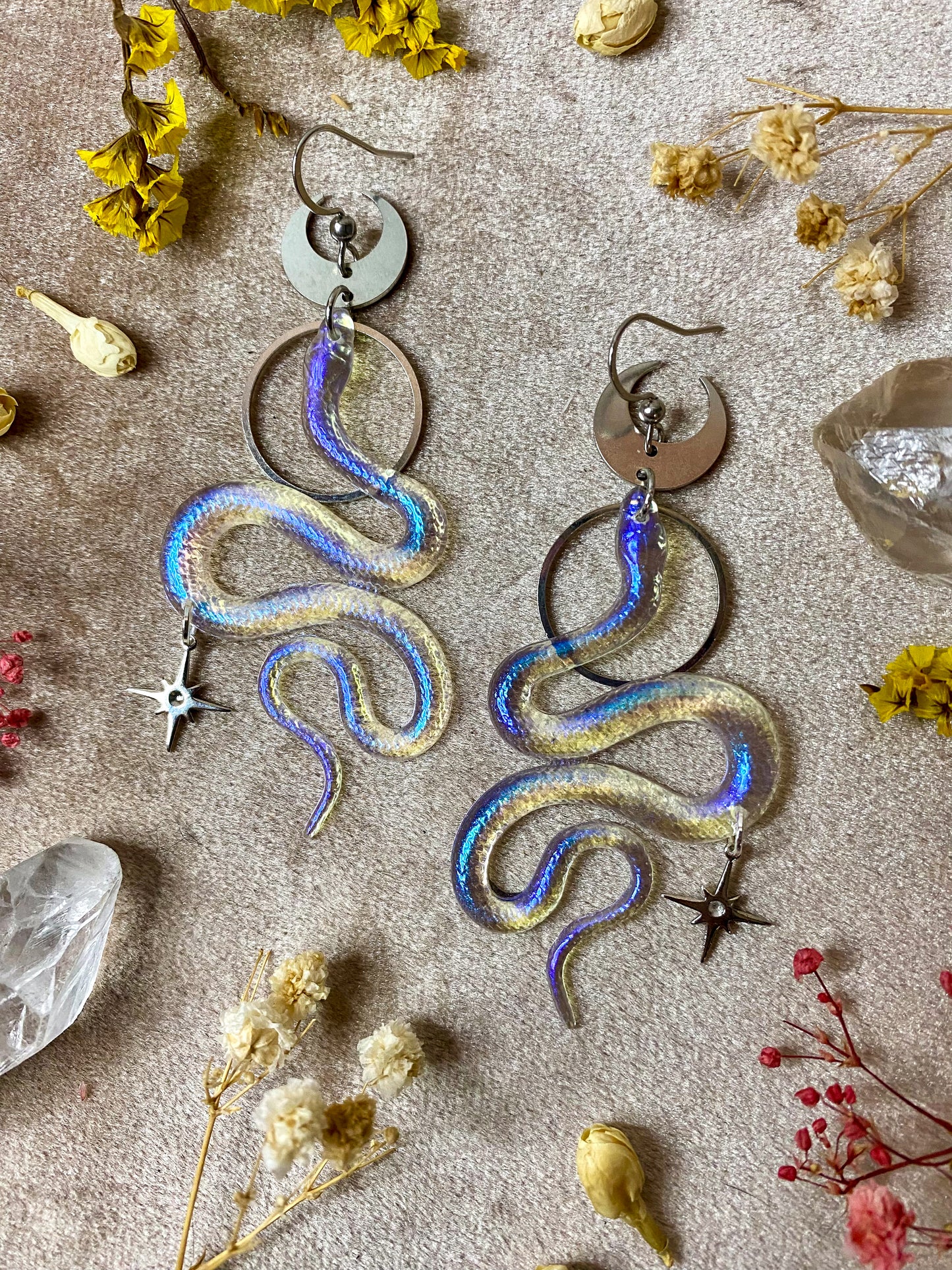 Silver Translucent Blue Violet Ess Snake Earrings