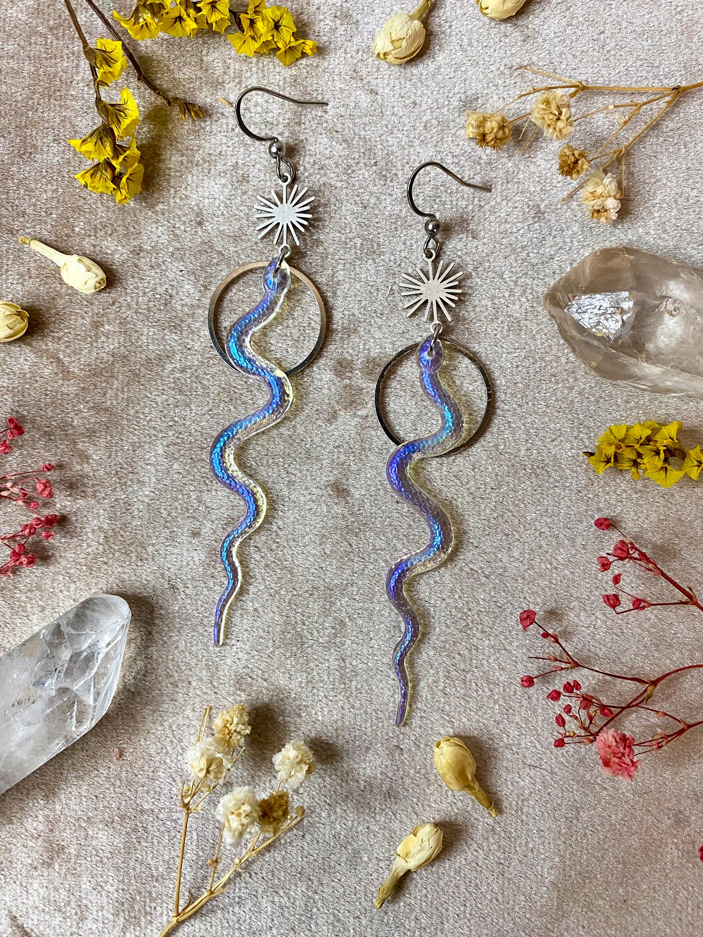 Silver Iridescent Translucent Slithering Snake Earrings