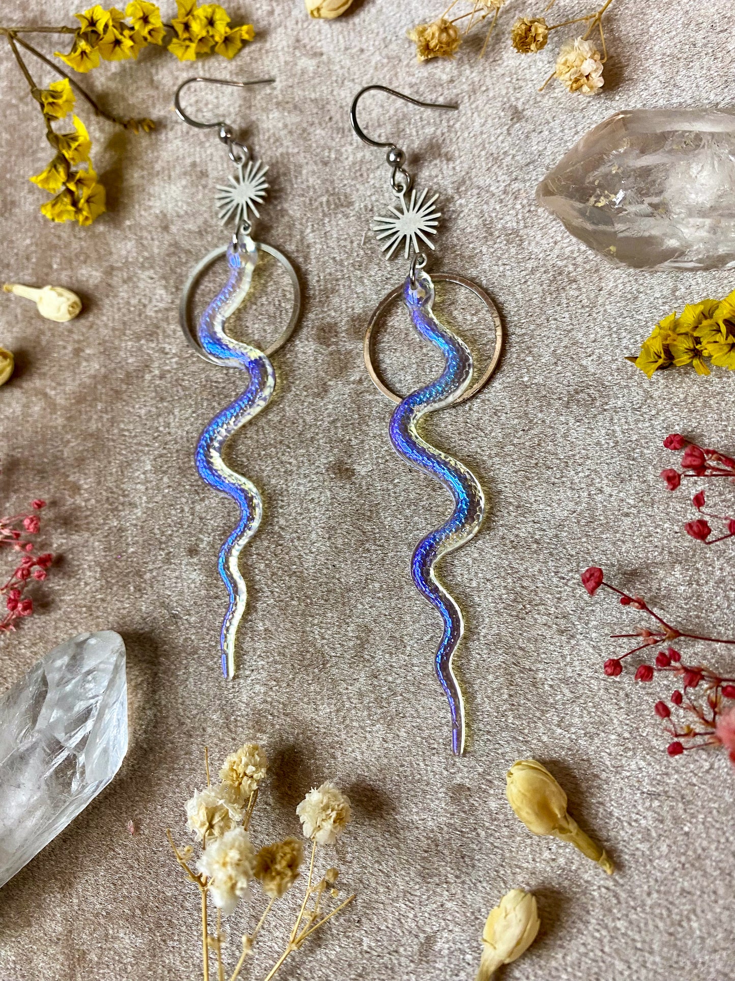Silver Iridescent Translucent Slithering Snake Earrings