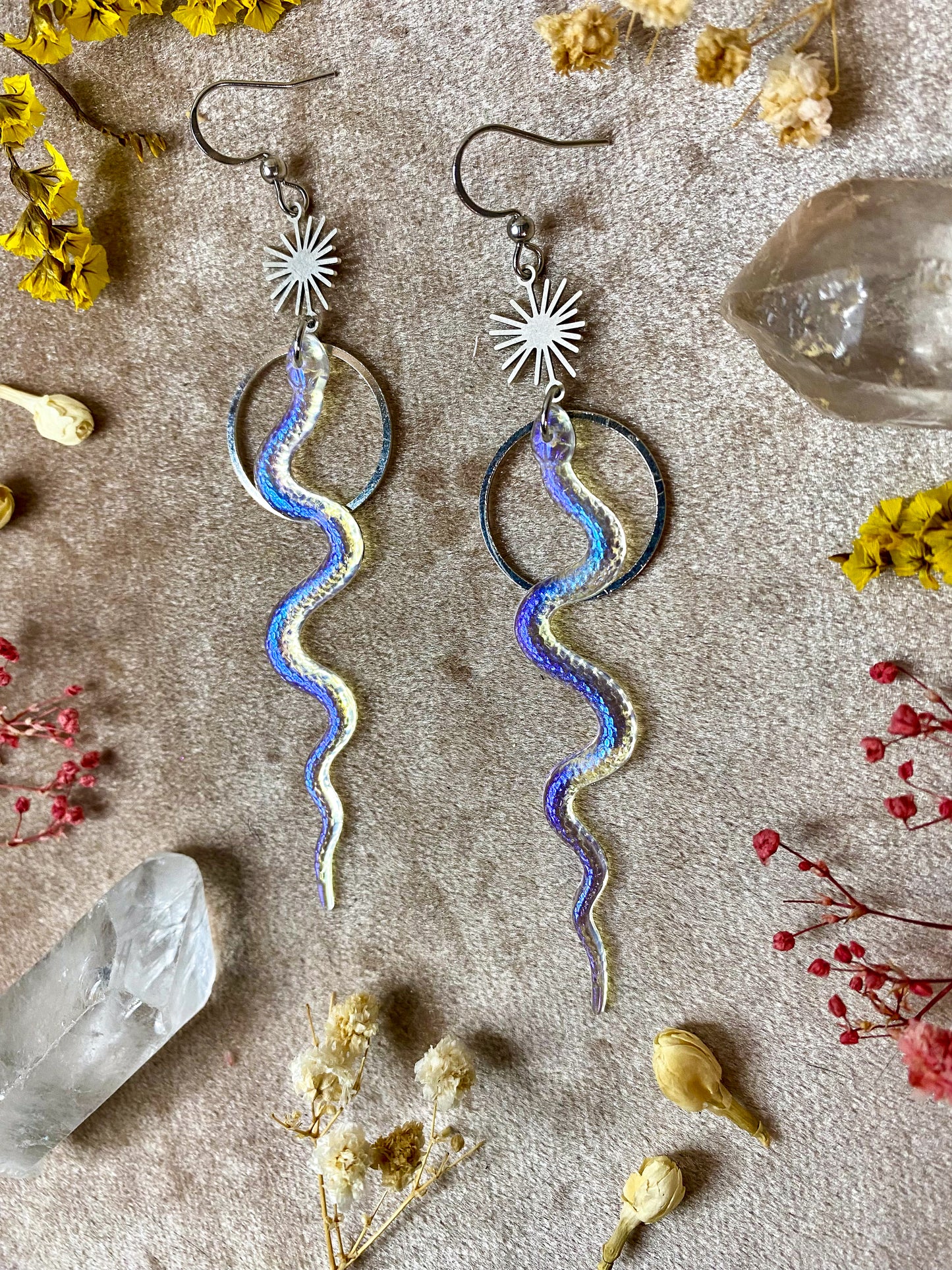 Silver Iridescent Translucent Slithering Snake Earrings