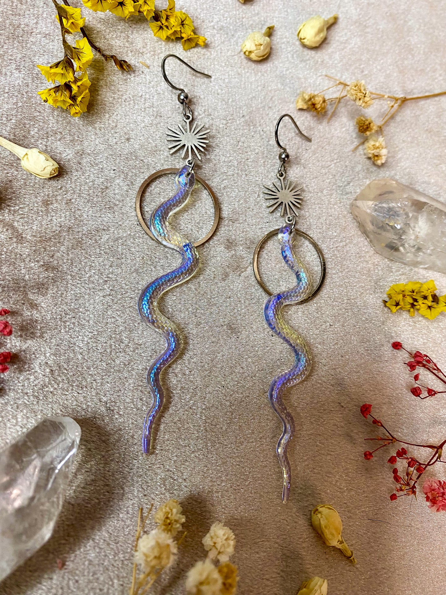Silver Iridescent Translucent Slithering Snake Earrings
