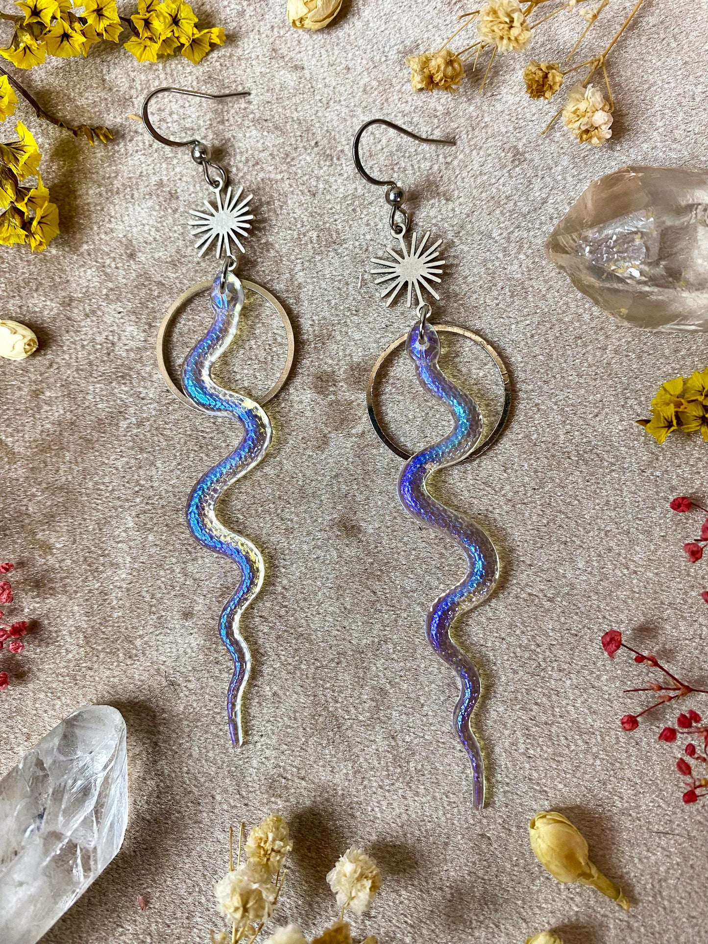 Silver Iridescent Translucent Slithering Snake Earrings
