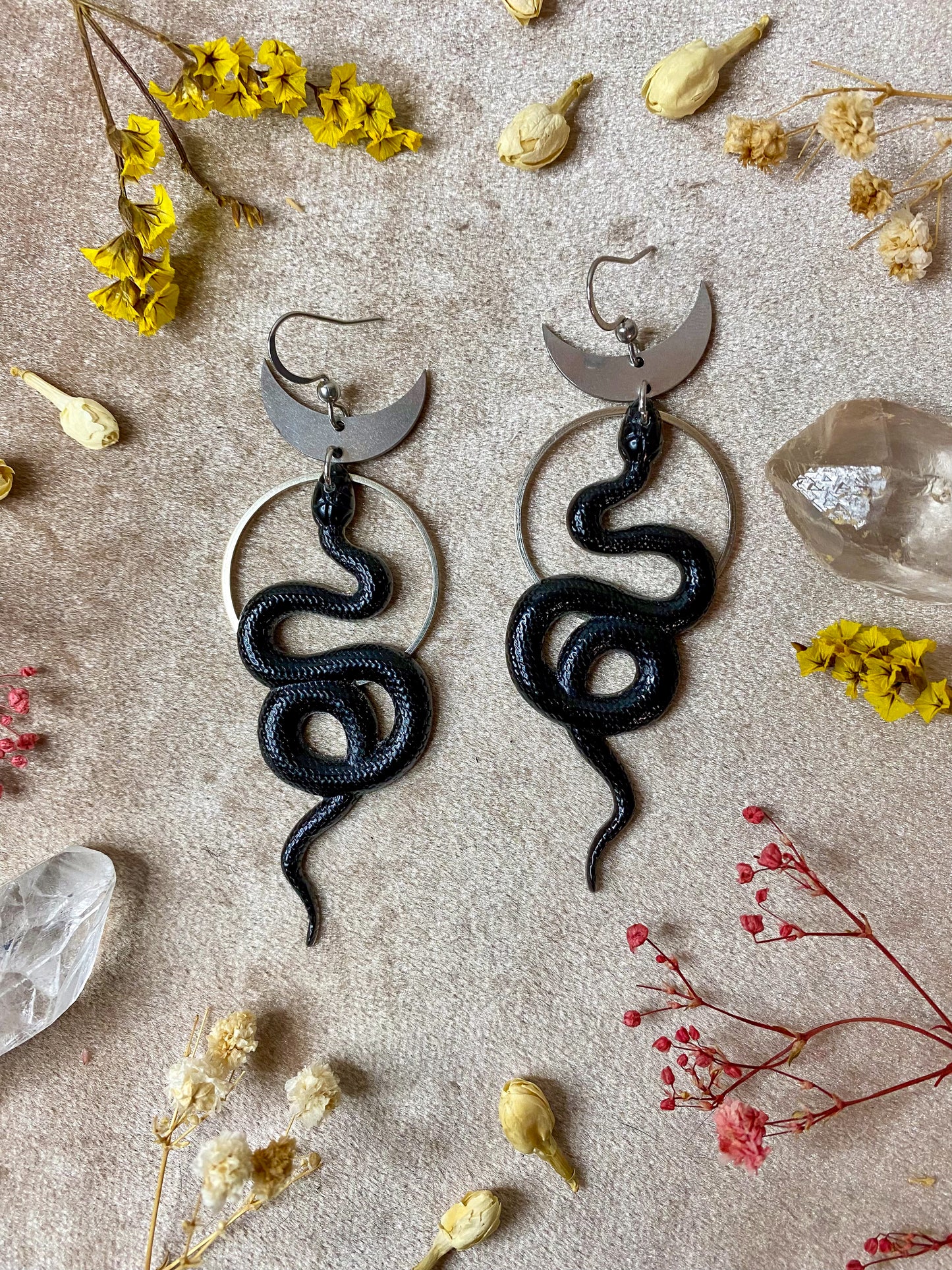 Silver Black Coil Snake Earrings