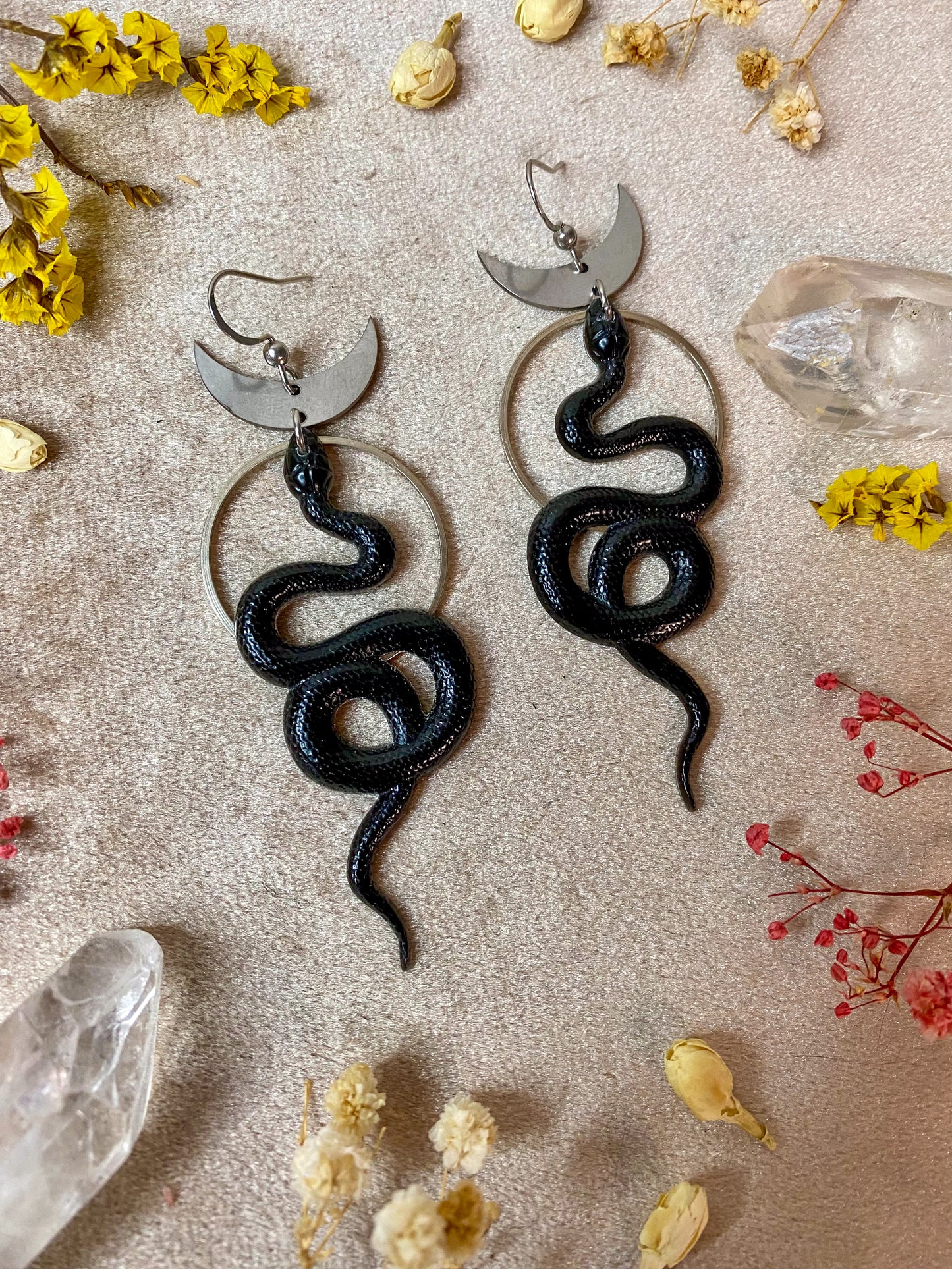 Silver Black Coil Snake Earrings
