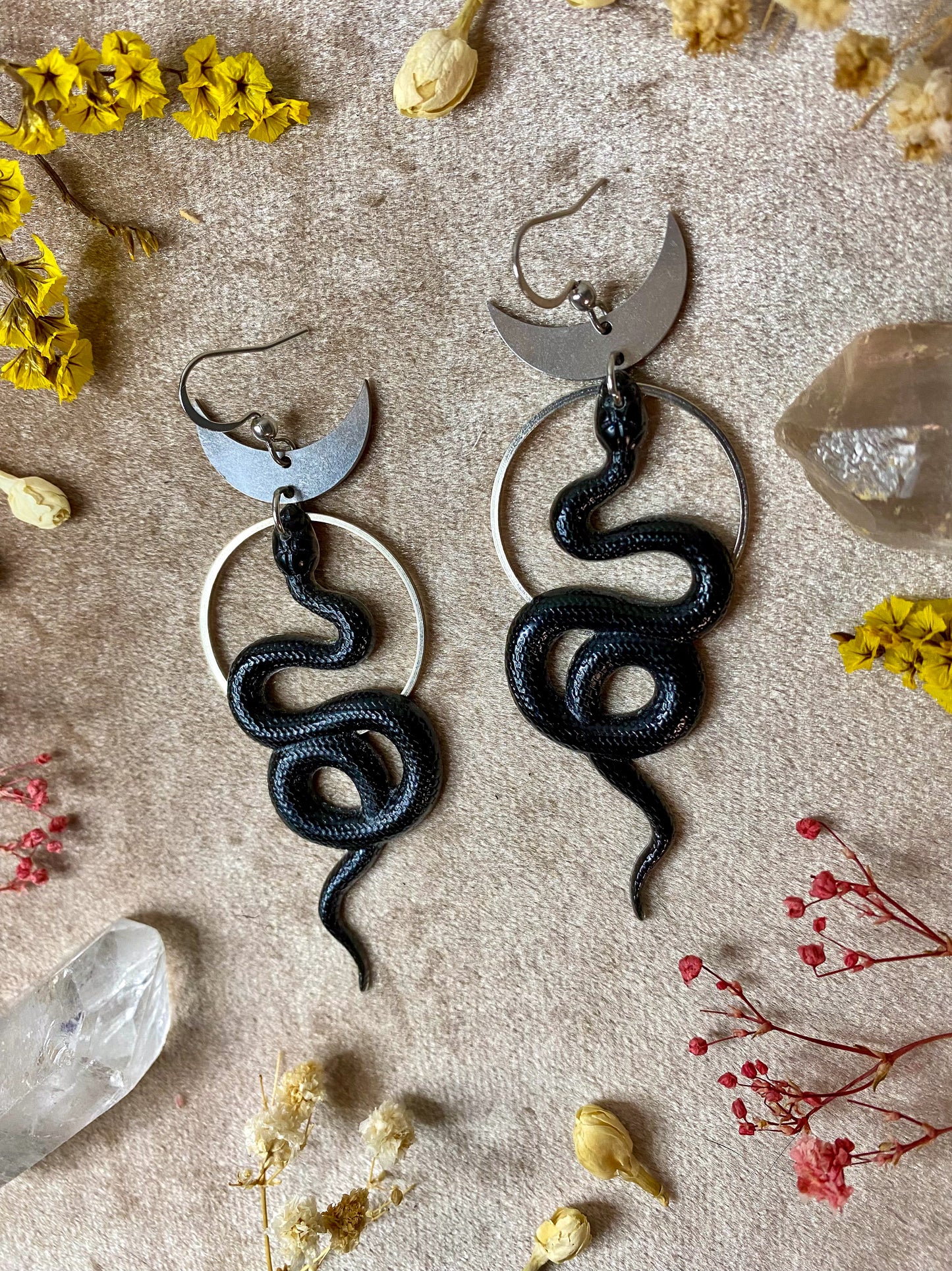 Silver Black Coil Snake Earrings
