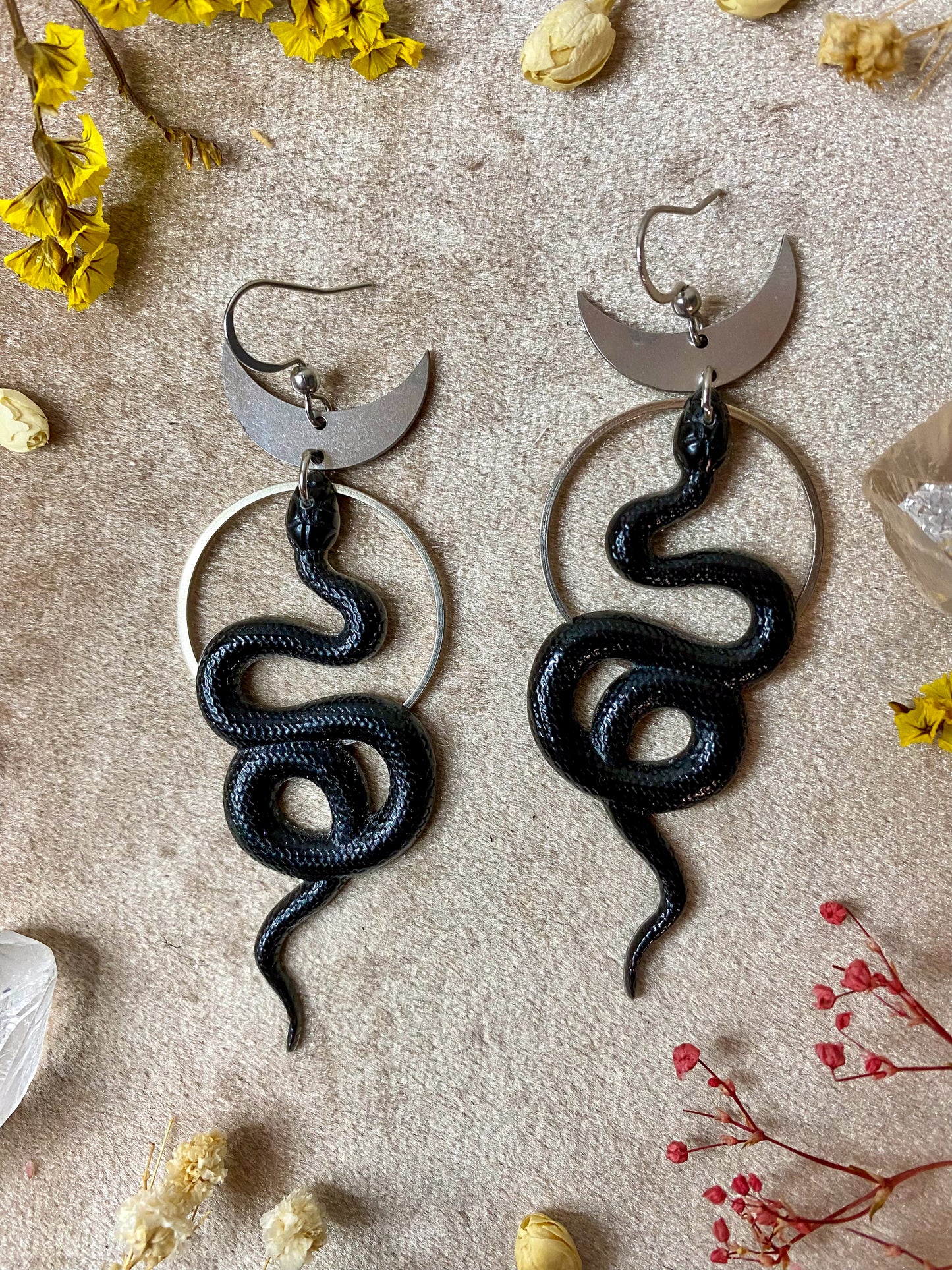 Silver Black Coil Snake Earrings