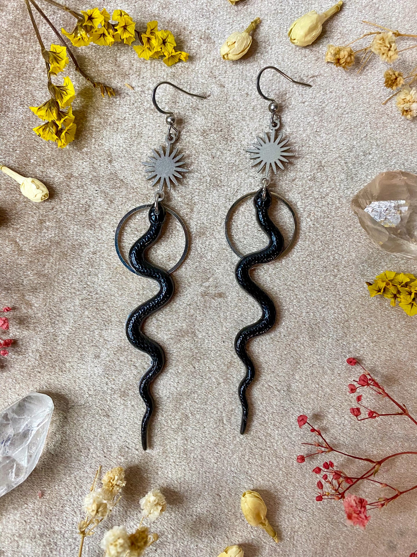 Silver Black Slithering Snake Earrings
