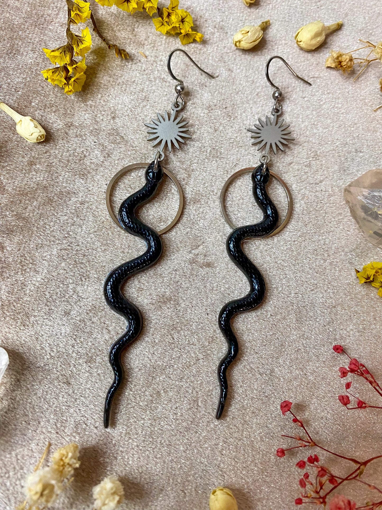 Silver Black Slithering Snake Earrings