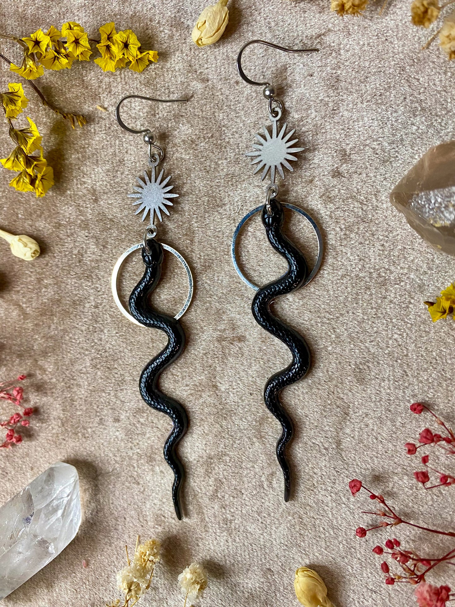 Silver Black Slithering Snake Earrings