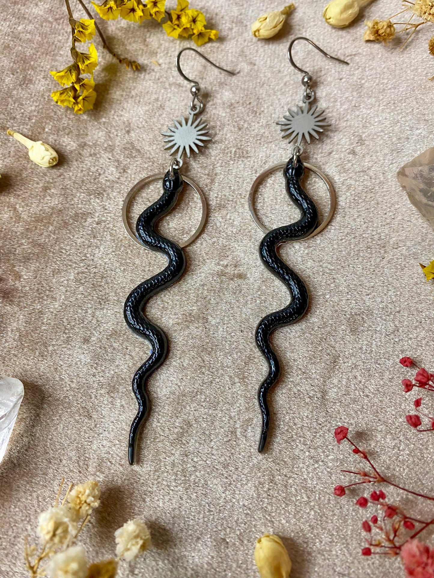 Silver Black Slithering Snake Earrings