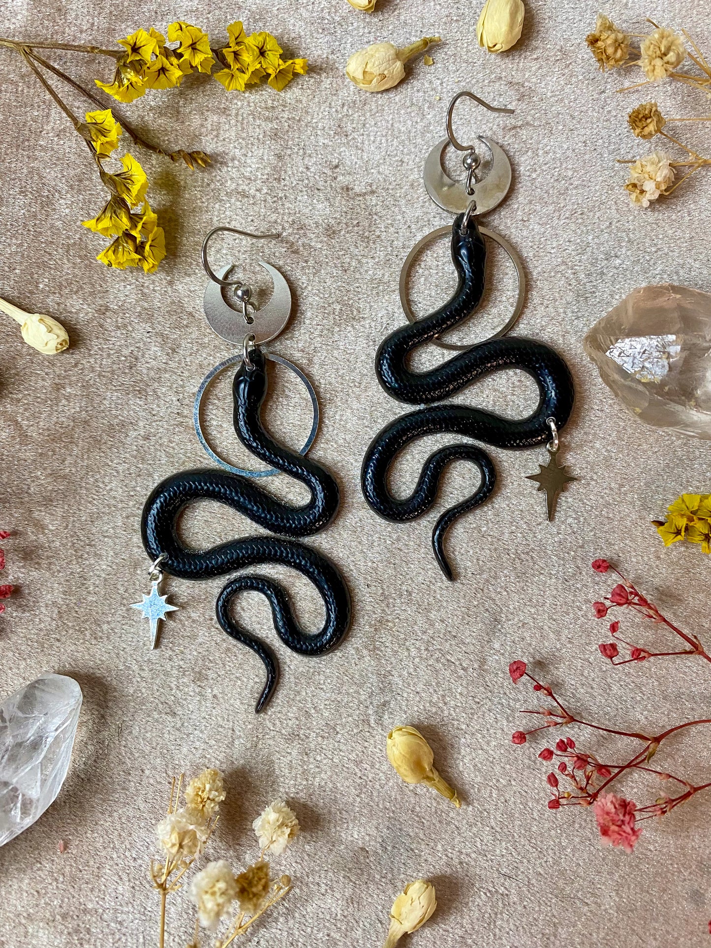 Silver Black Ess Snake Earrings