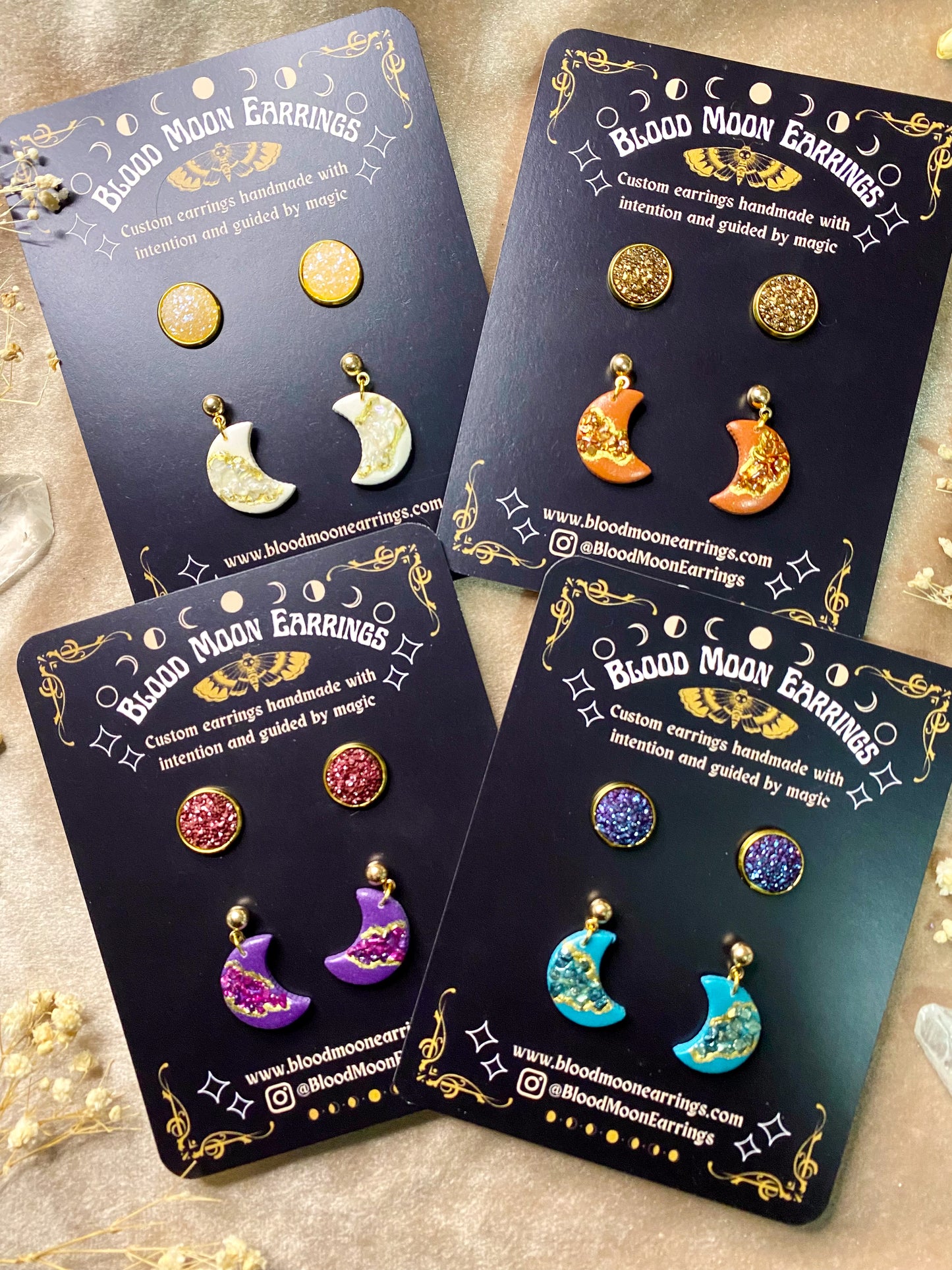 polymer clay and resin druzy crystal studs and geode moon dangle earrings