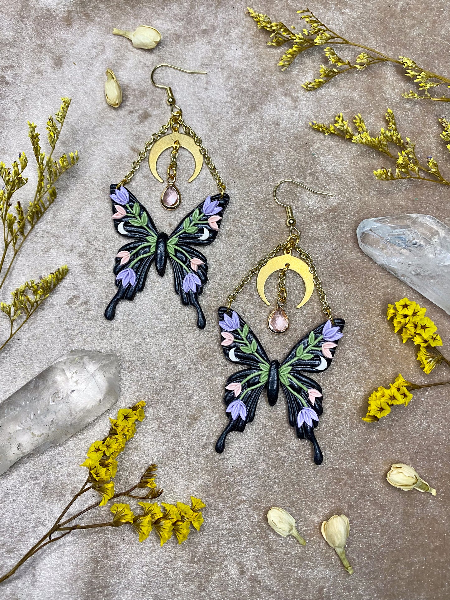 polymer clay pink and purple butterfly dangle earrings