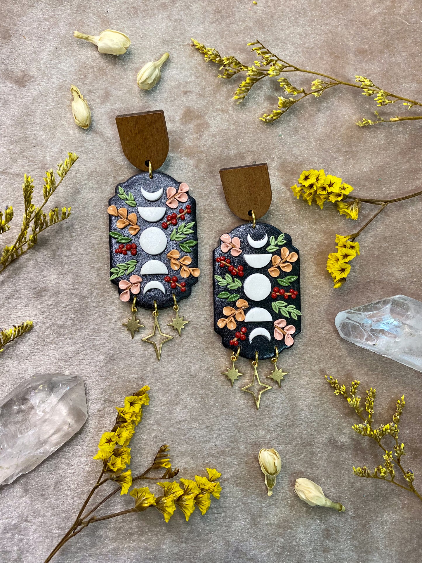 polymer clay floral moon phase dangle earrings