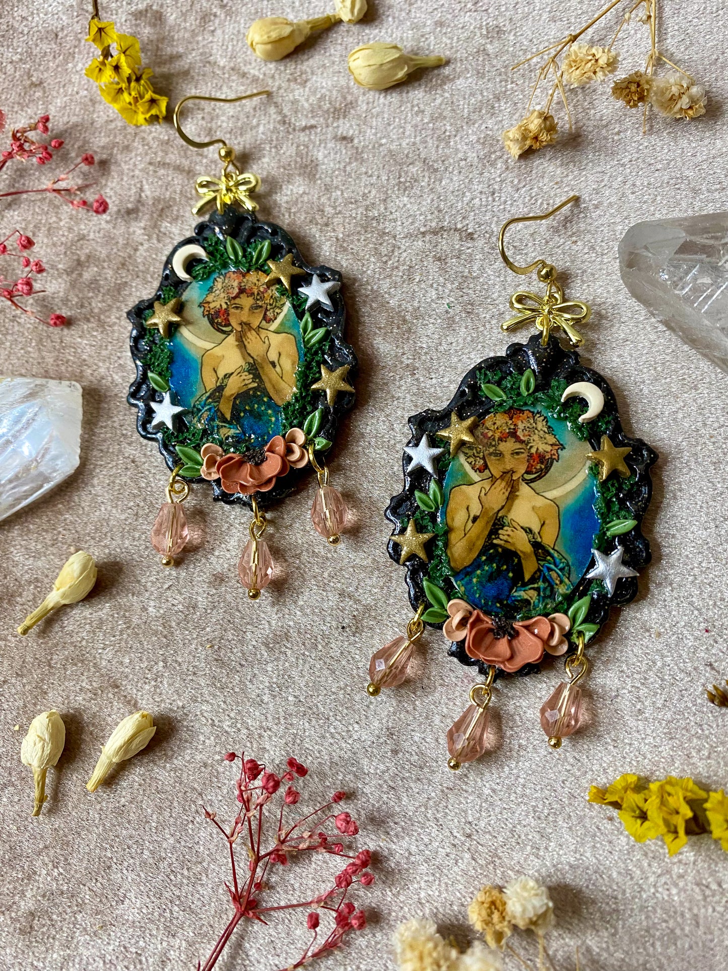 Mucha's "The Moon" Painting Earrings