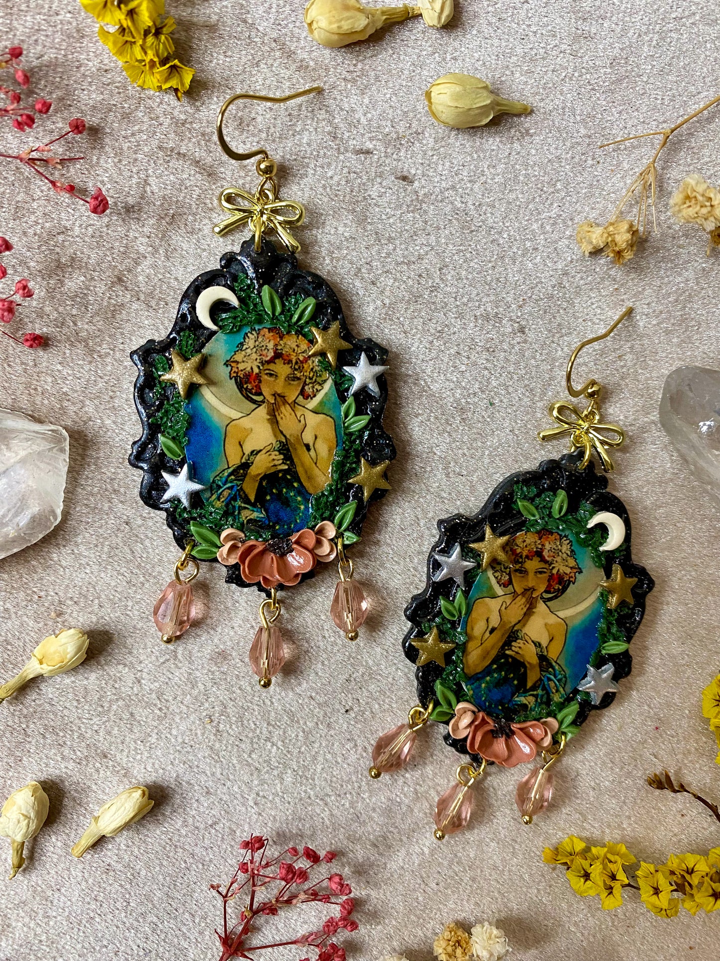 Mucha's "The Moon" Painting Earrings