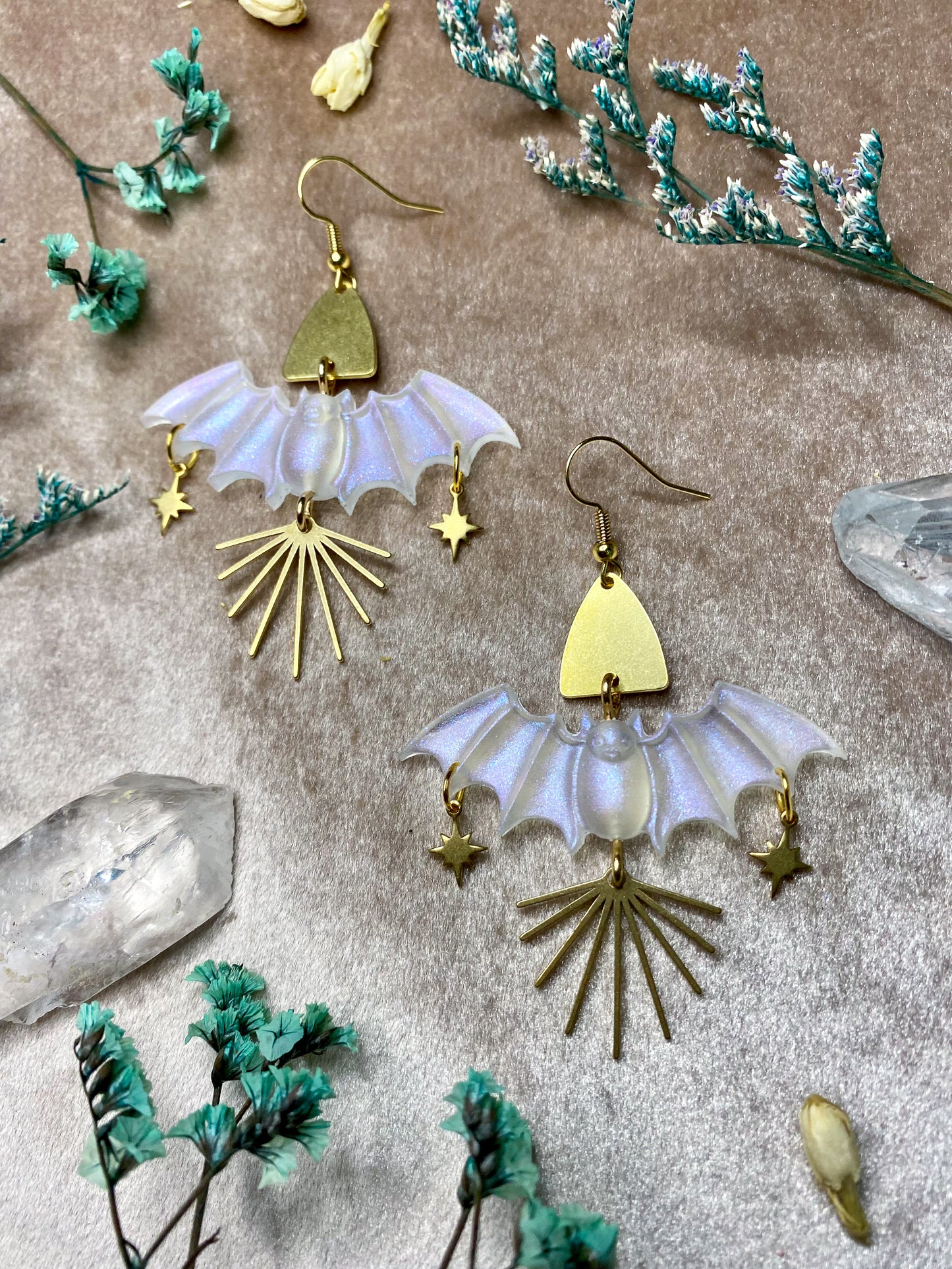 transparent iridescent resin bat dangle earrings