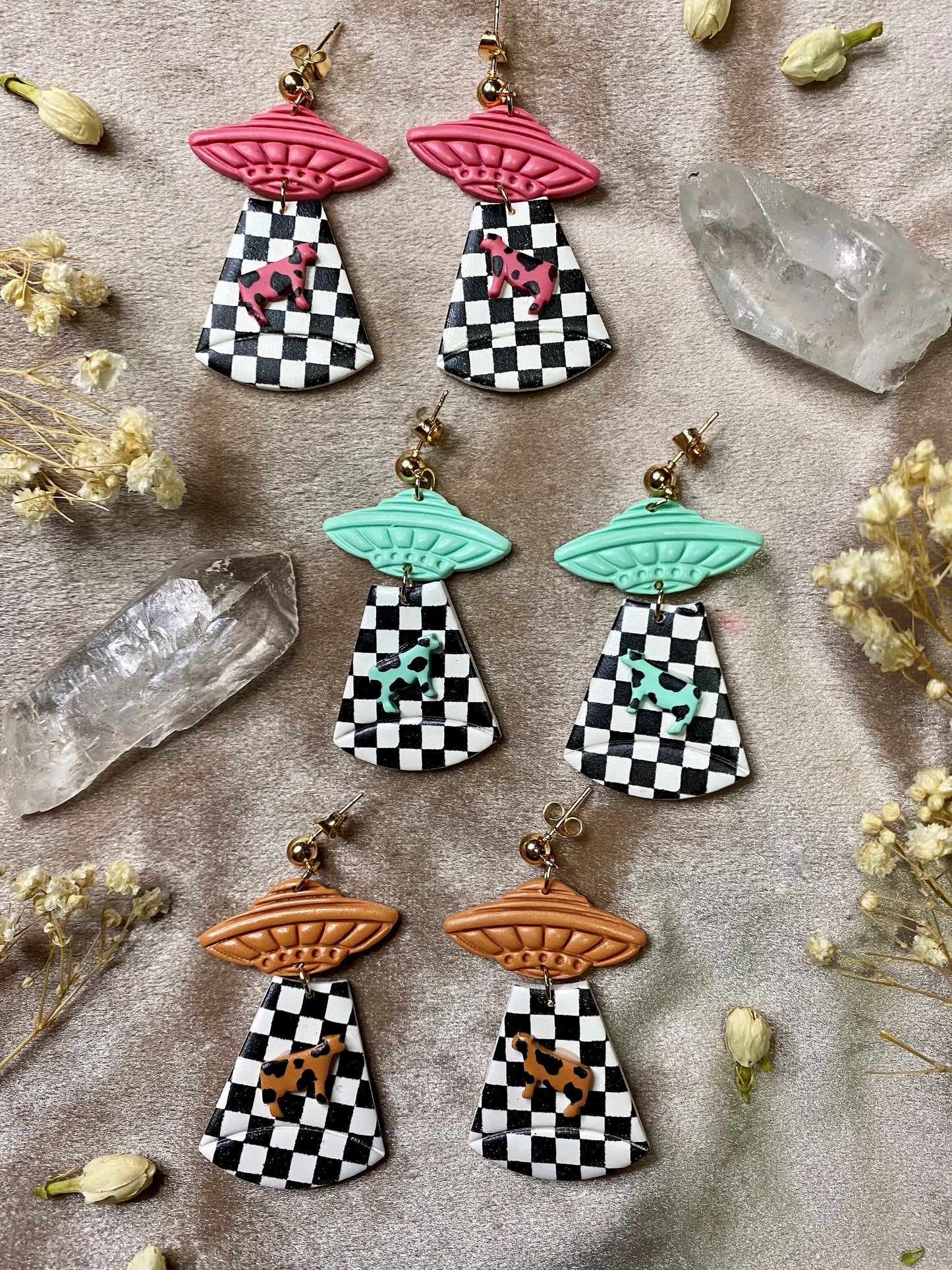 alien spaceship and cow clay earrings