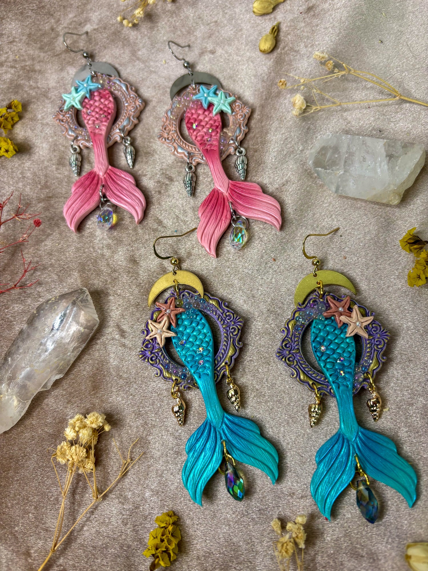 mermaid tail polymer clay dangle earrings
