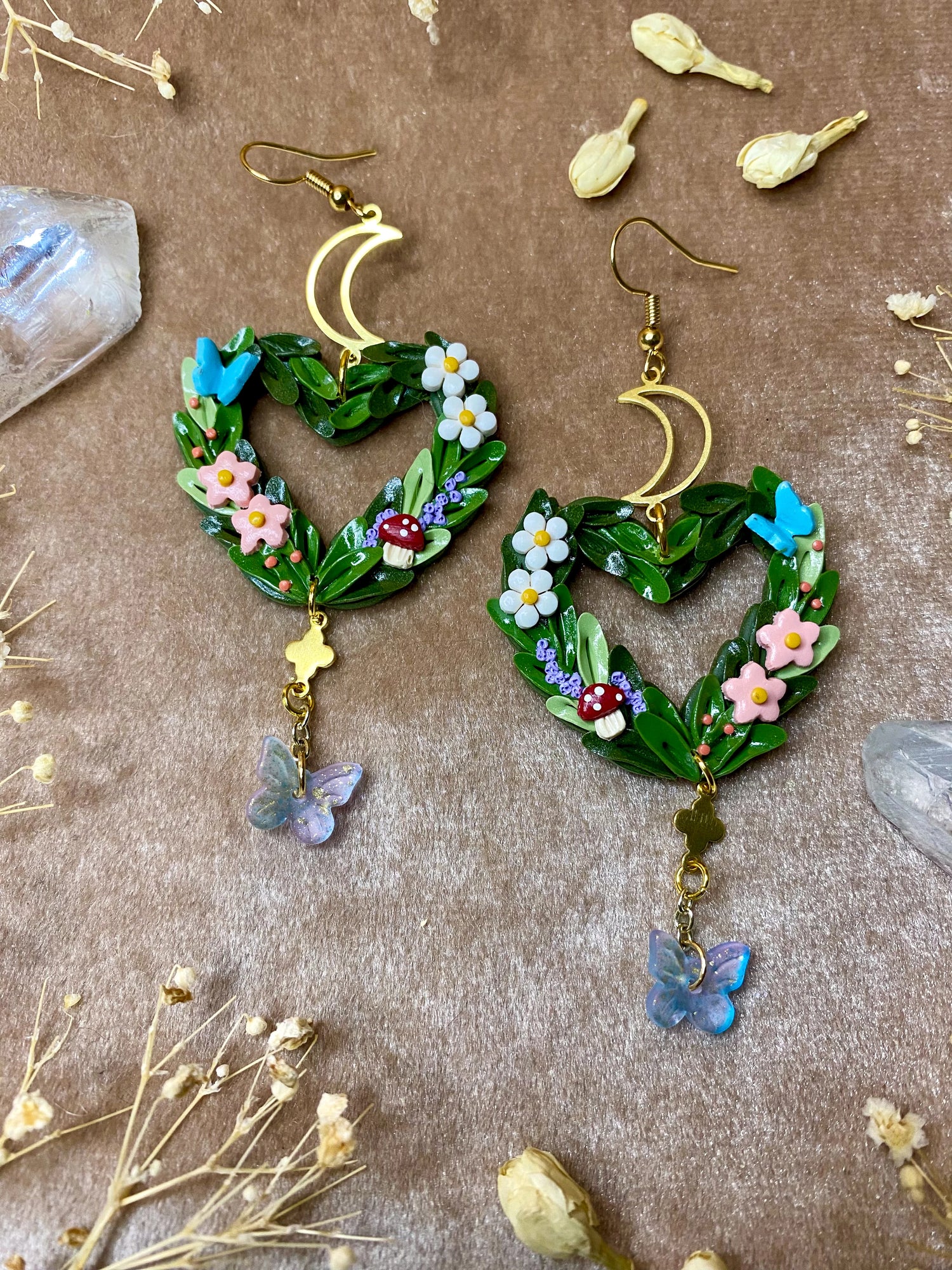 polymer clay butterfly heart wreath dangle earrings