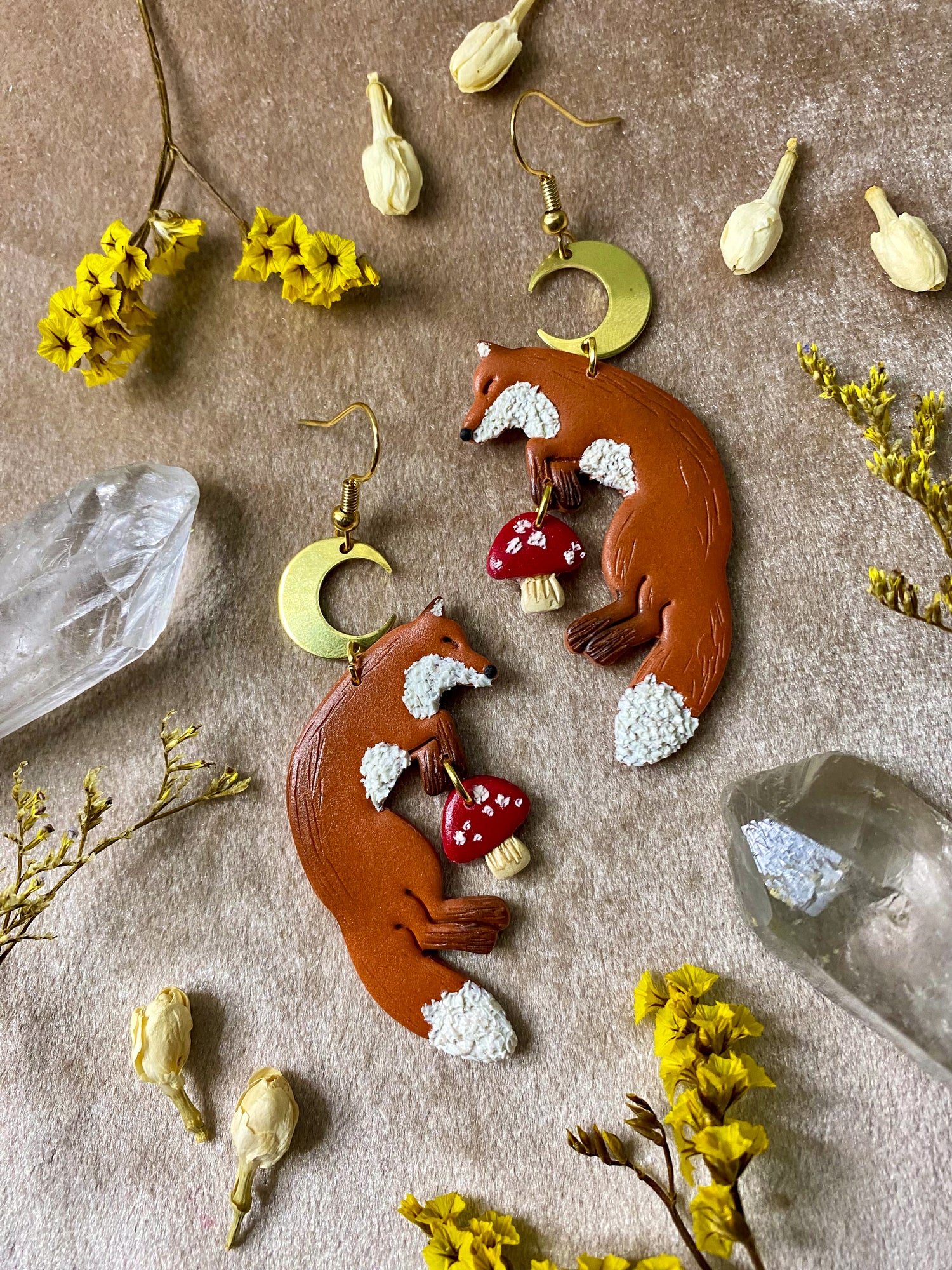 polymer clay fox and mushroom dangle earrings