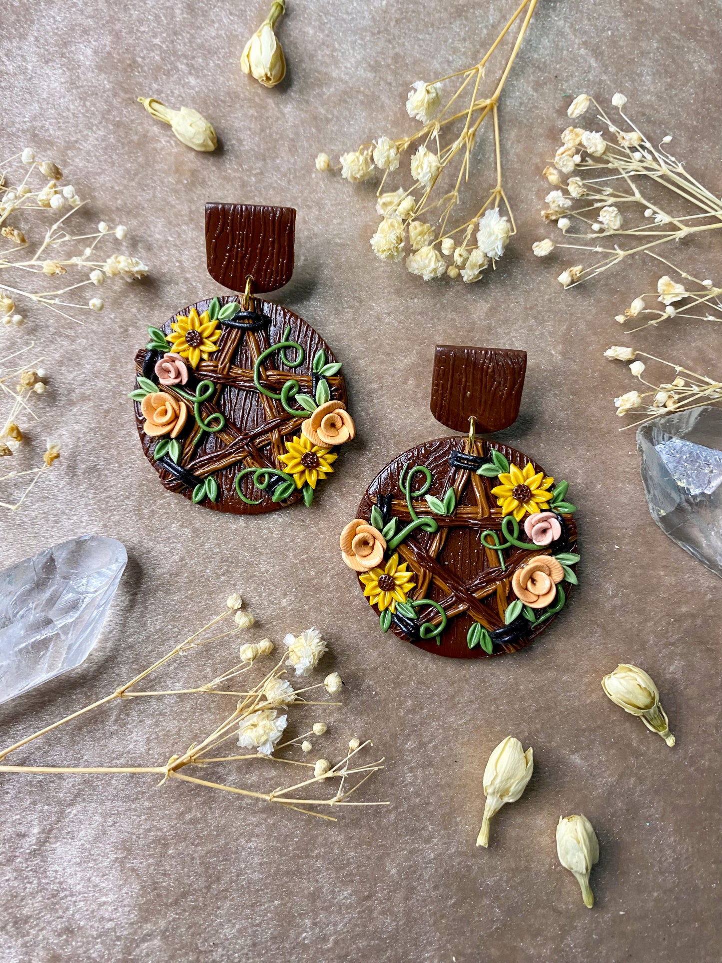 polymer clay wildflower pentacle earrings