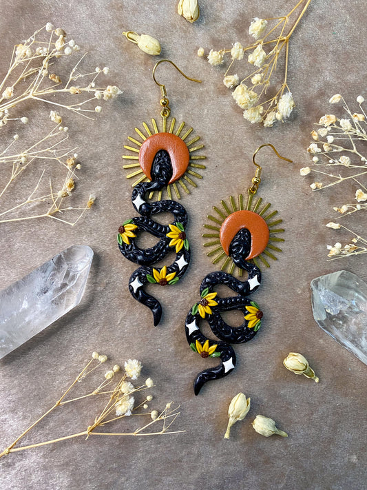 sunflower snake polymer clay dangle earrings
