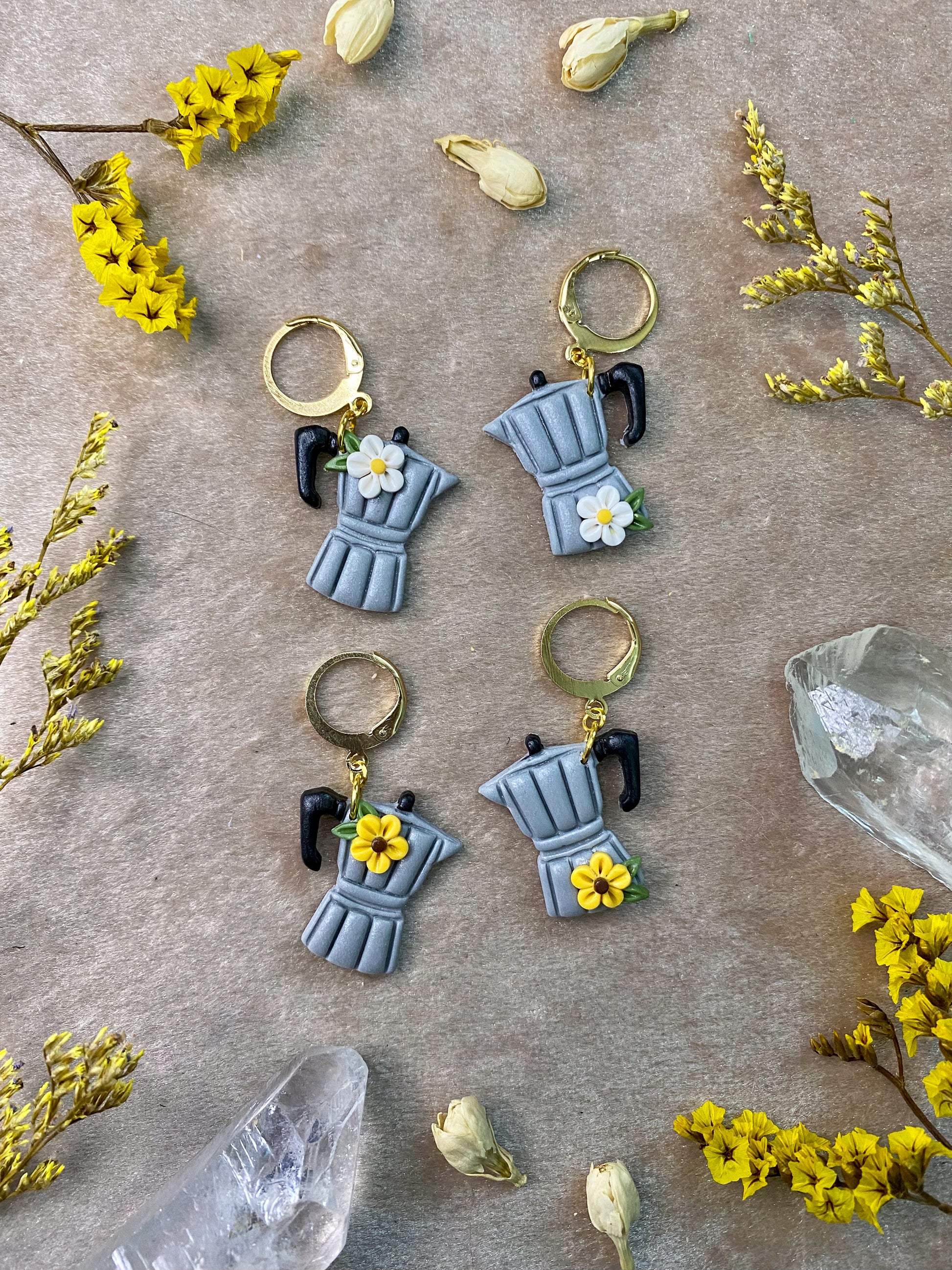 gray cafetera polymer clay floral dangle earrings
