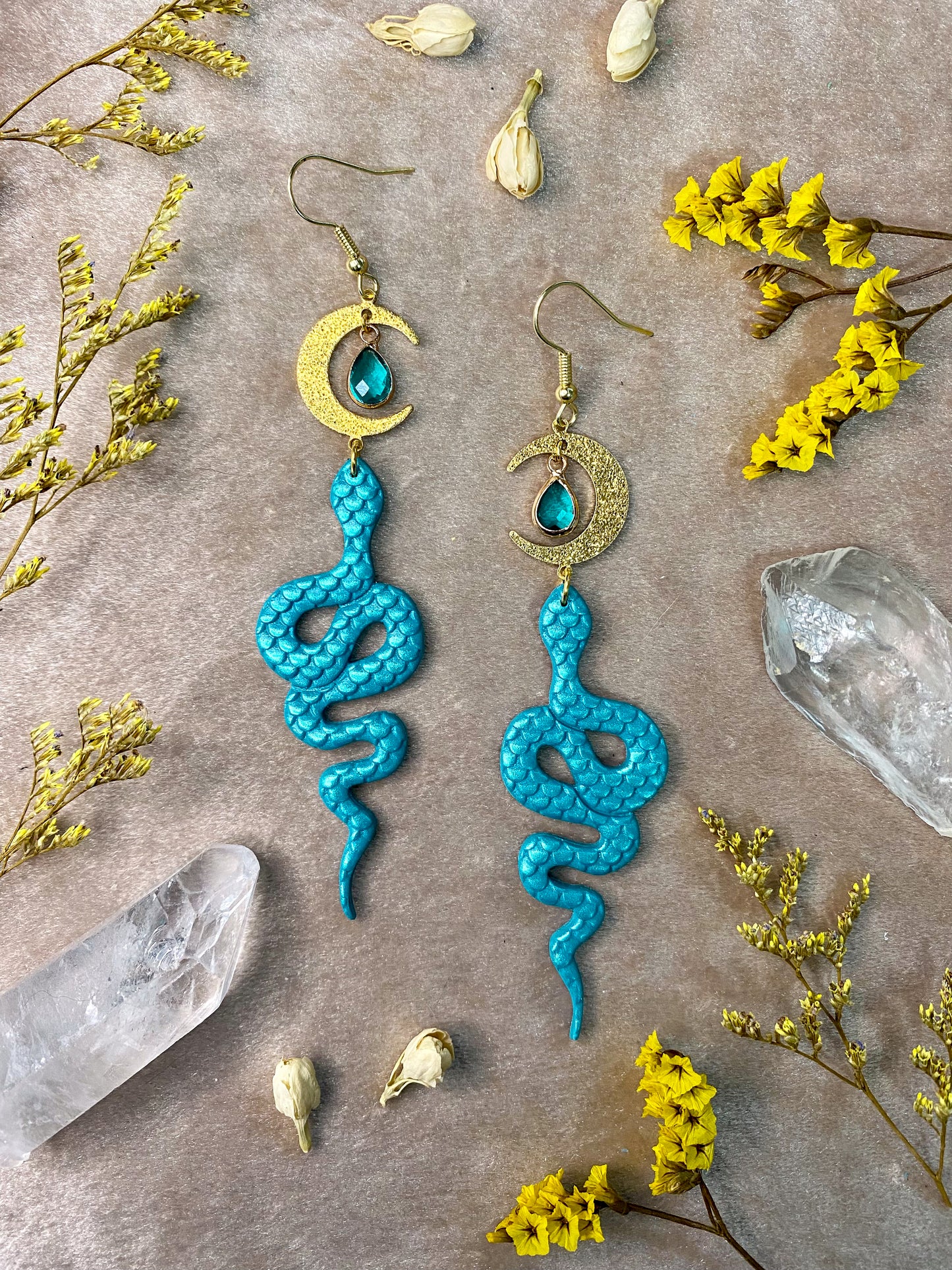 polymer clay teal textured snake dangle earrings