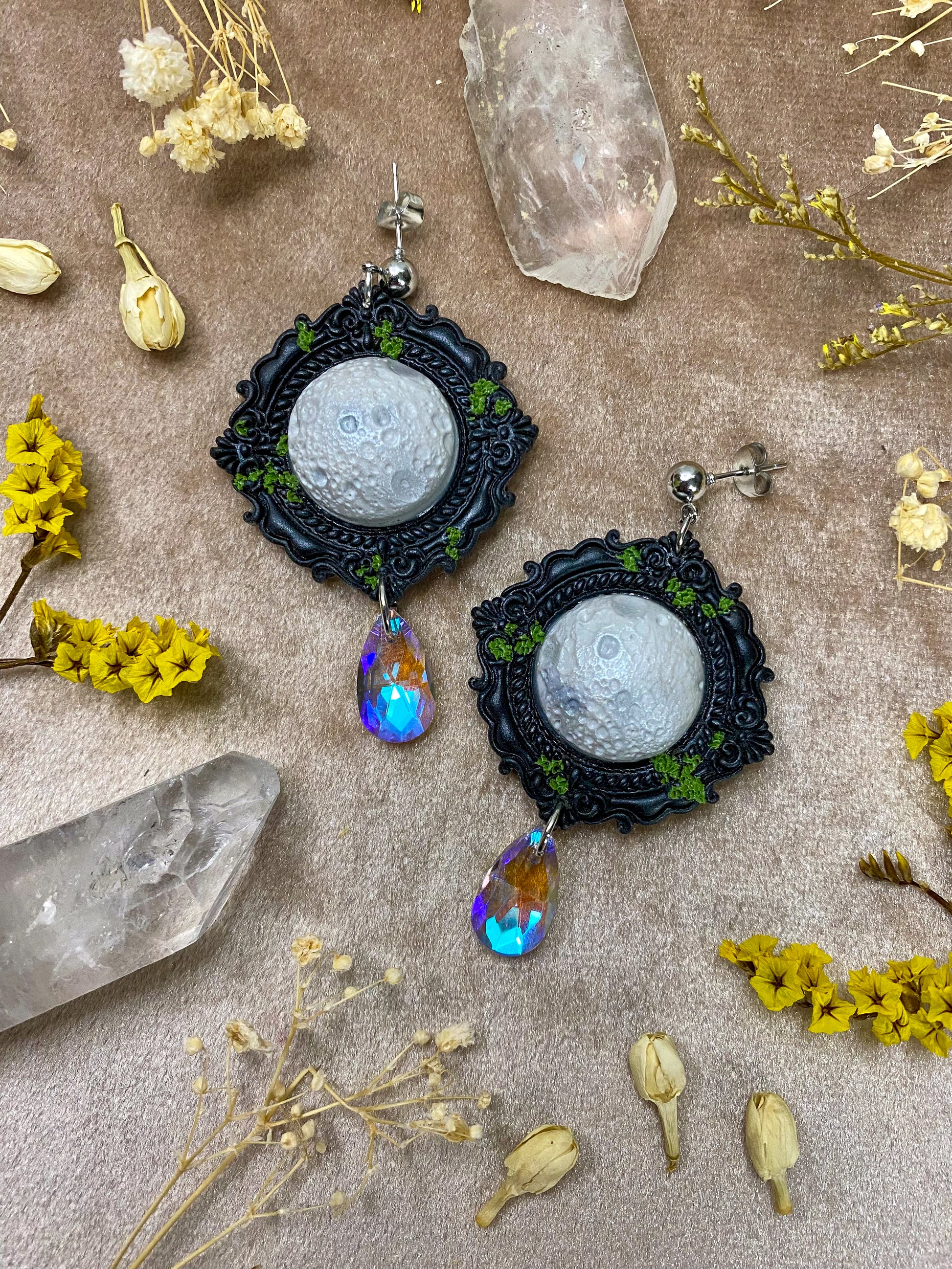 polymer clay celestial moon vintage frame dangle earrings