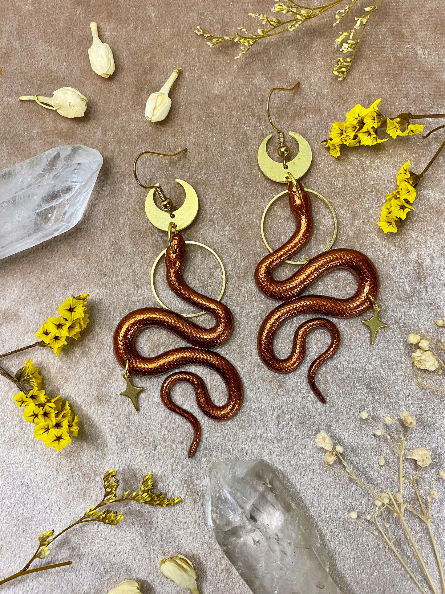 copper red resin snake dangle earrings