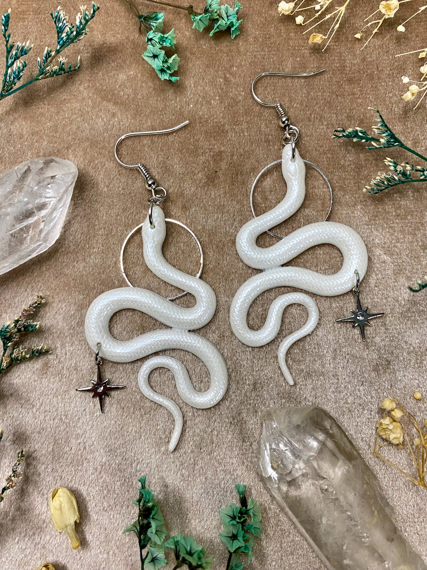 White Silver Snake Earrings