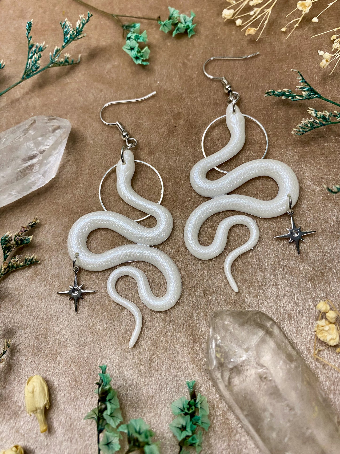 White Silver Snake Earrings